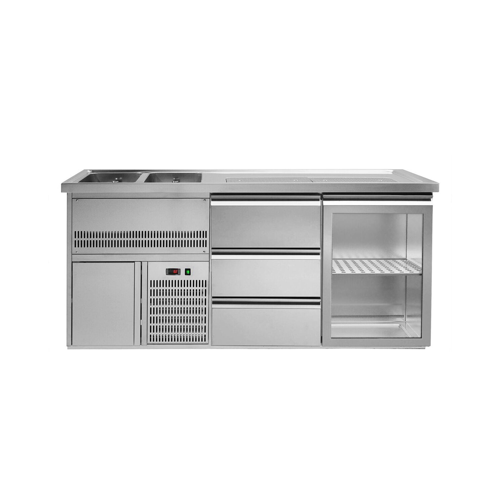 Comptoir à bière Premium PLUS – 1950 × 700 mm – 1 porte vitrée & 3 tiroirs