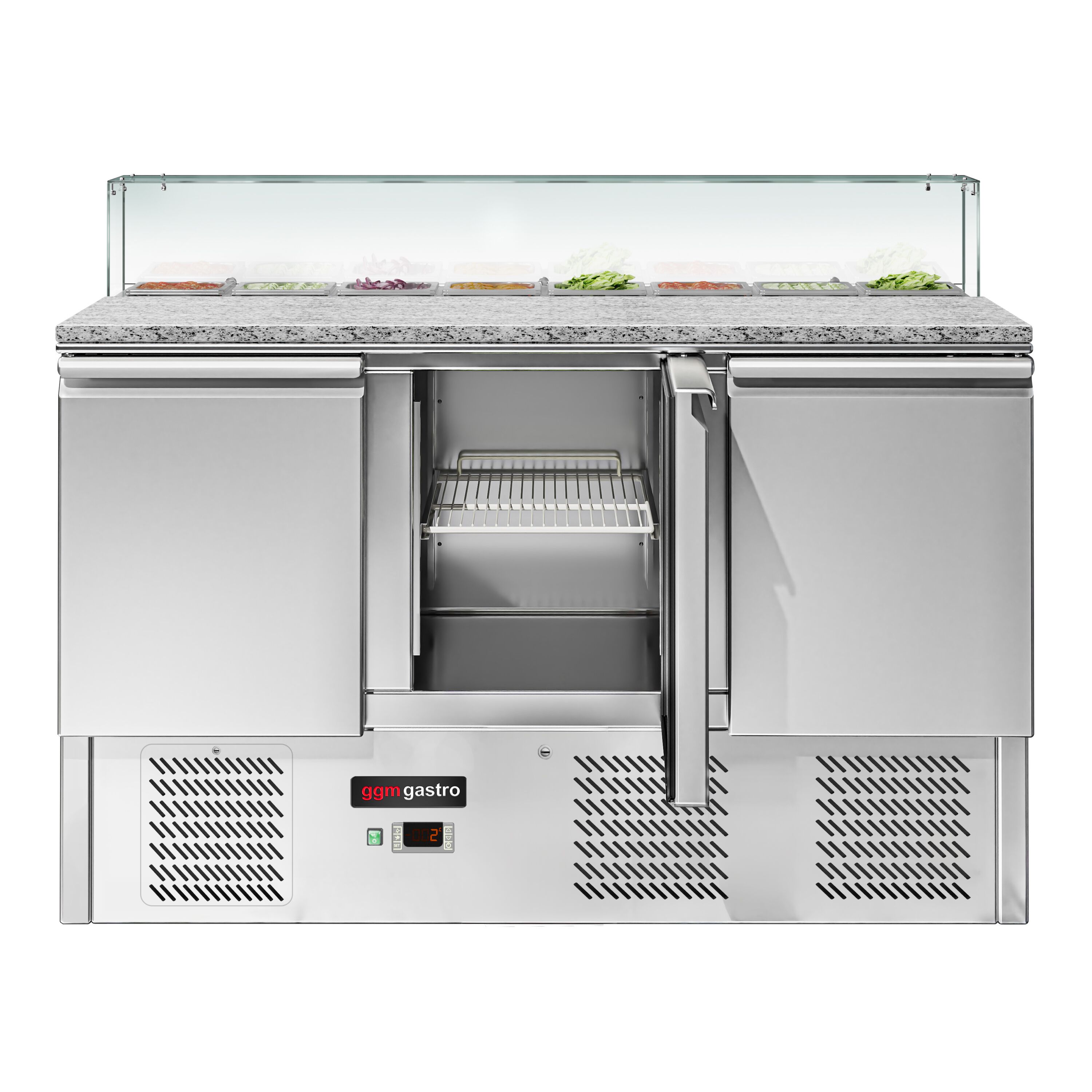 Saladette réfrigérée ECO - 1368mm - 368L - 3 portes - avec vitrine de comptoir pour 8x GN 1/6