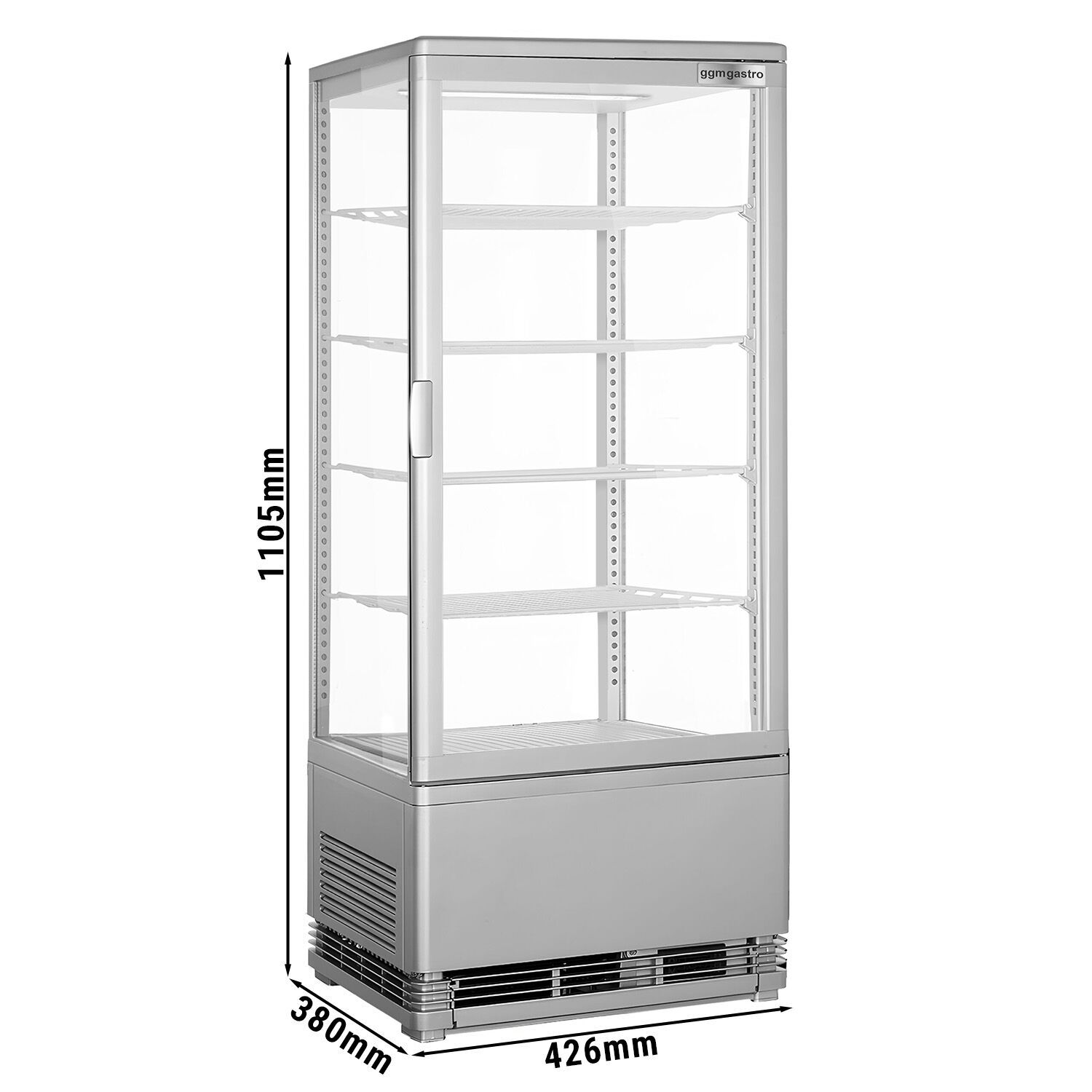 Vitrine réfrigérée 4 faces vitrées / Vitrine panoramique de table – 98 litres – 420 mm – avec 4 étagères – Argent