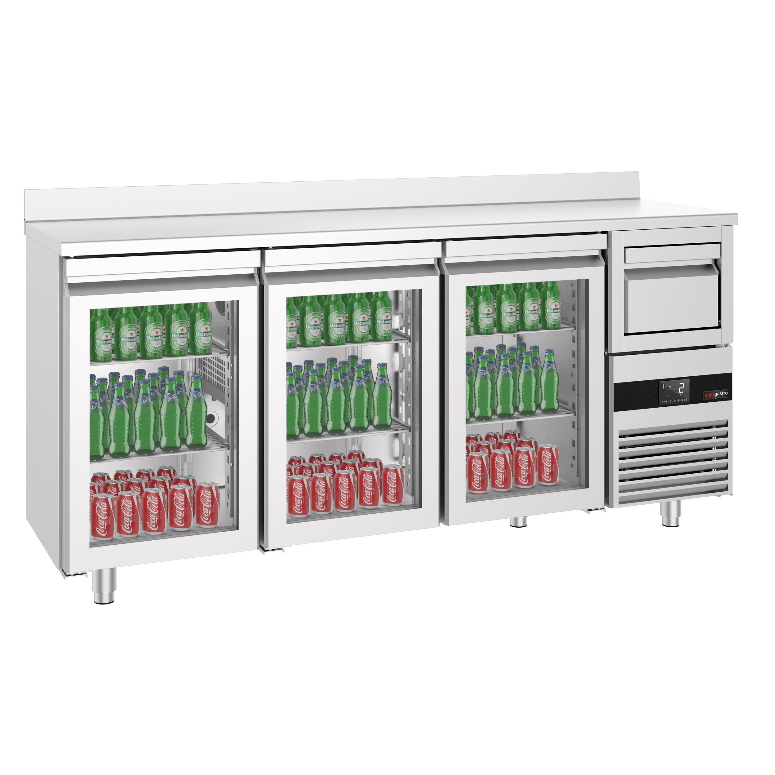 Commercial Back Bar Bottle Cooler PREMIUM - 2140x600x1150mm - with 3 Hinged Glass Doors, upstand & knock box for coffee - 632L