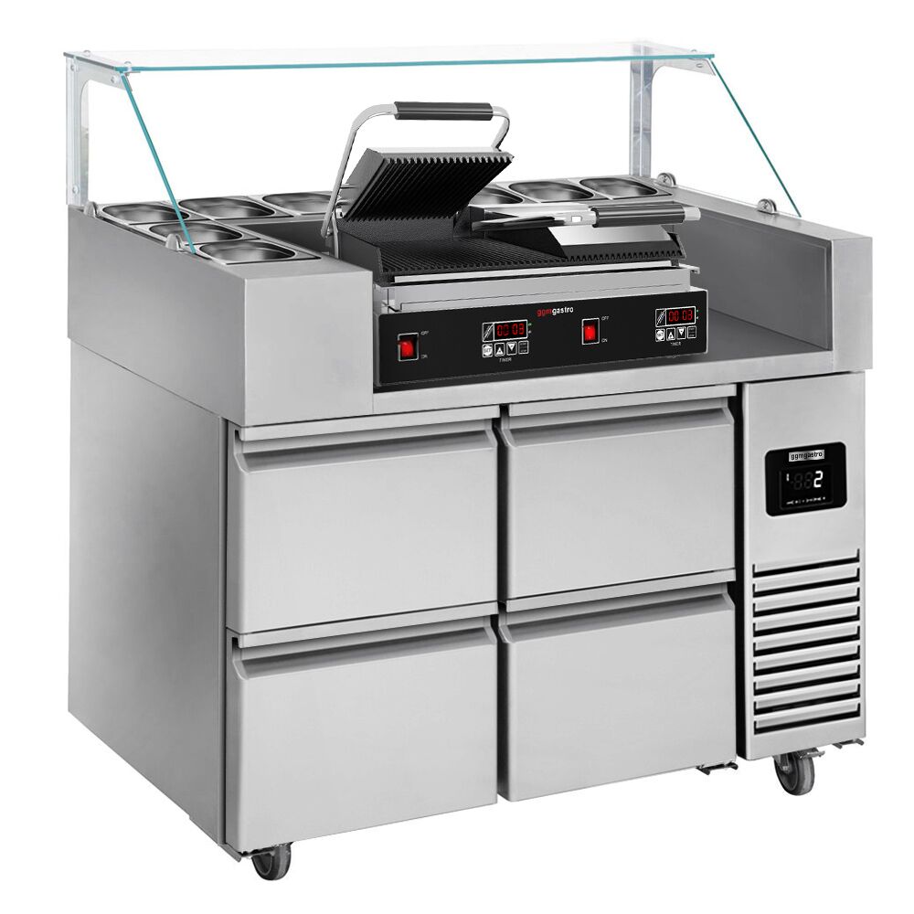 Saladette réfrigérée professionnelle - 1210x700mm - 4 tiroirs - pour 9x GN 1/6 - incl. vitrine à ingrédients