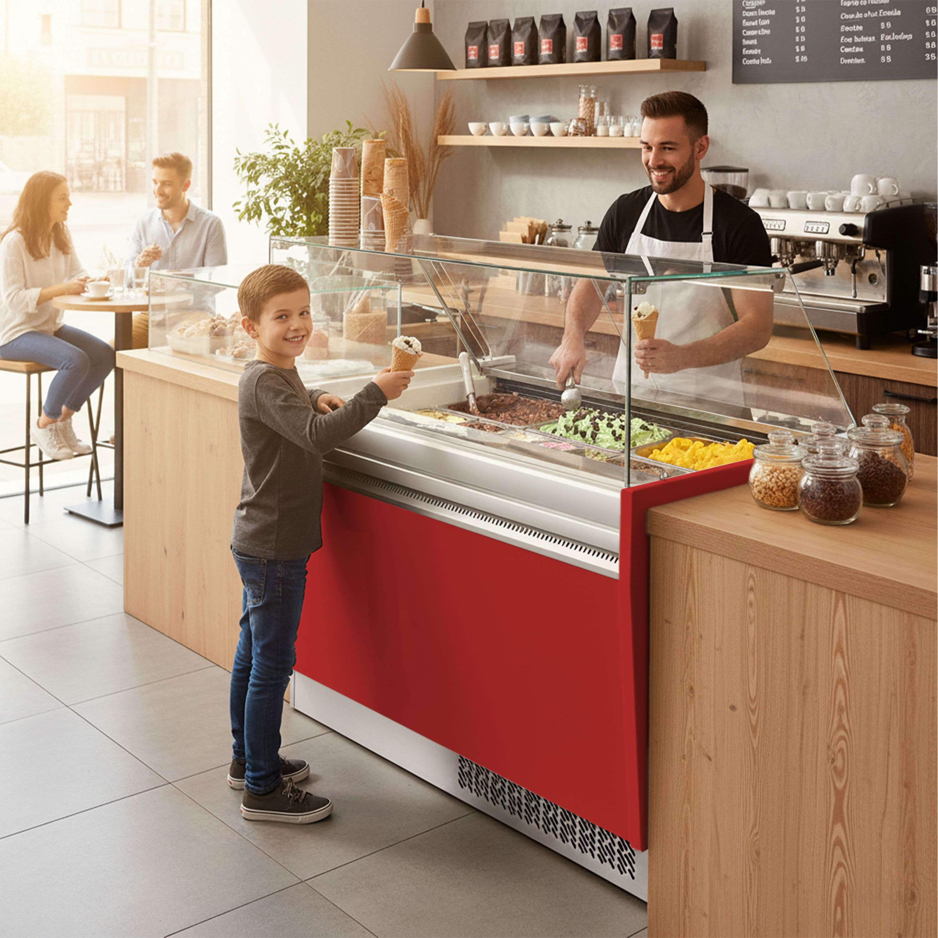 Vitrine à glace LIAM – 1310 mm – refroidissement statique – pour 10+10 bacs à glace de 5 litres – Rouge