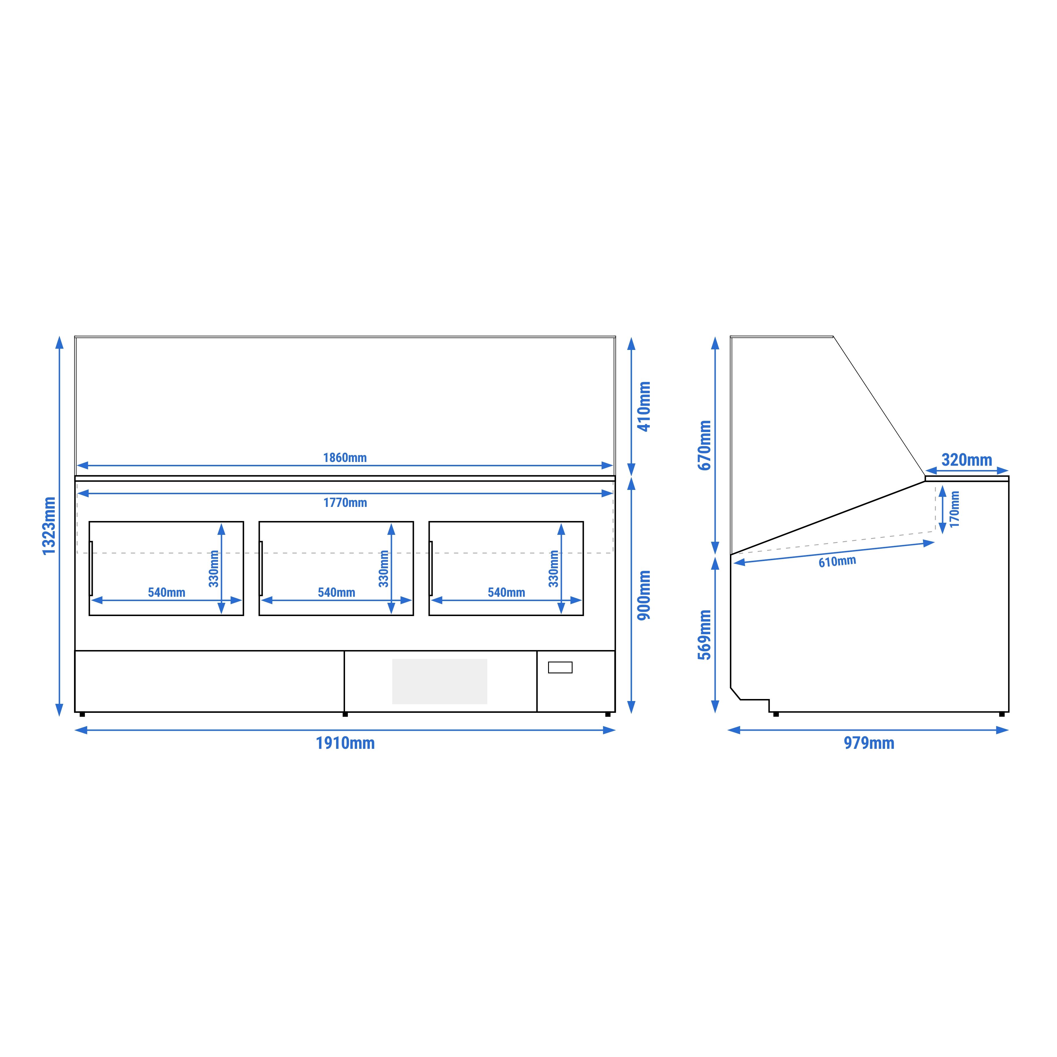 Comptoir vitrine réfrigérée - 1881x979mm - +2/+6°C - 387L - 3 portes - Façade beige
