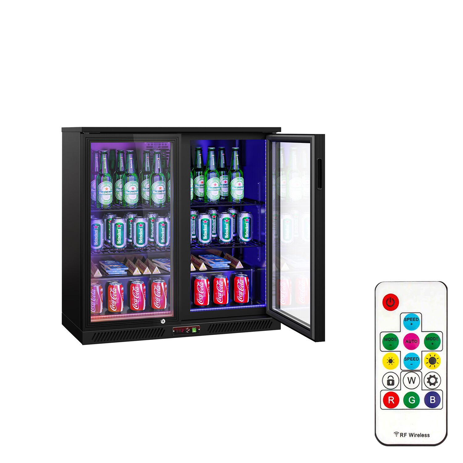 Réfrigérateur de bar – 900 mm – 220 litres – avec 2 portes vitrées battantes – Extérieur & intérieur Noir