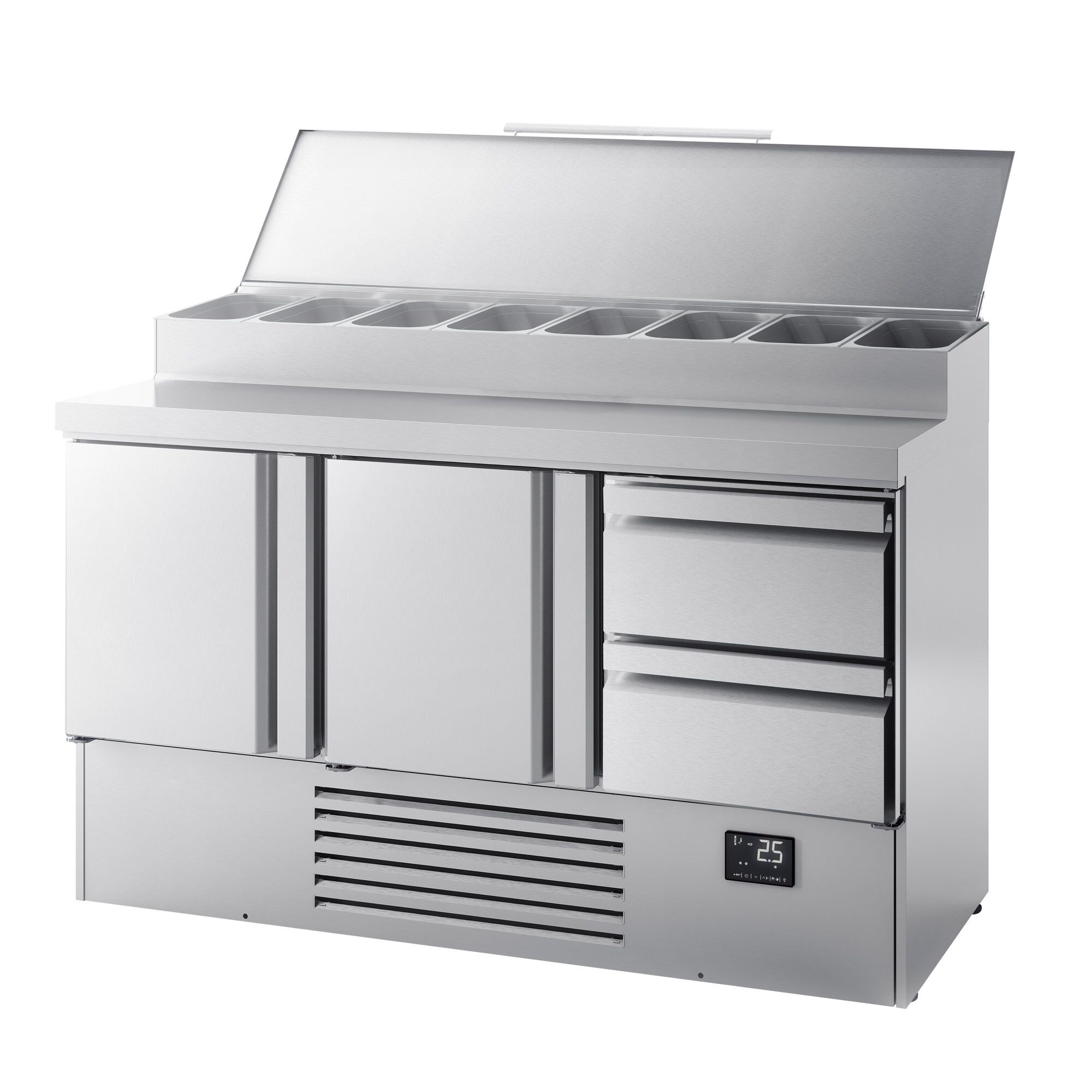 Table réfrigérée de préparation Mini - 1460 x 700 mm - avec 2 portes et 2 tiroirs - avec superstructure en inox 8 x GN 1/4