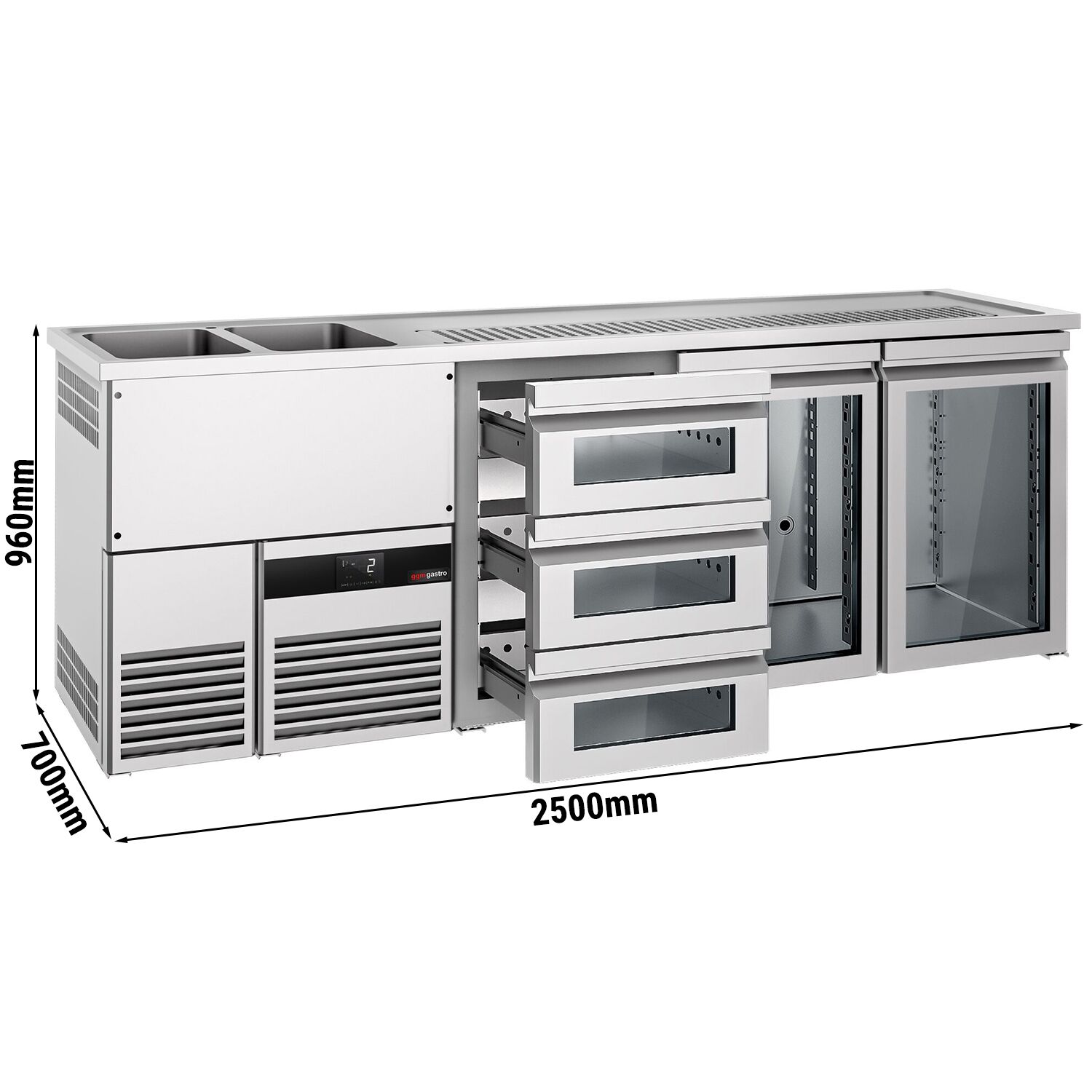 Comptoir de bar réfrigéré PREMIUM - 2500x700mm - 2 portes vitrées & 3 tiroirs en verre