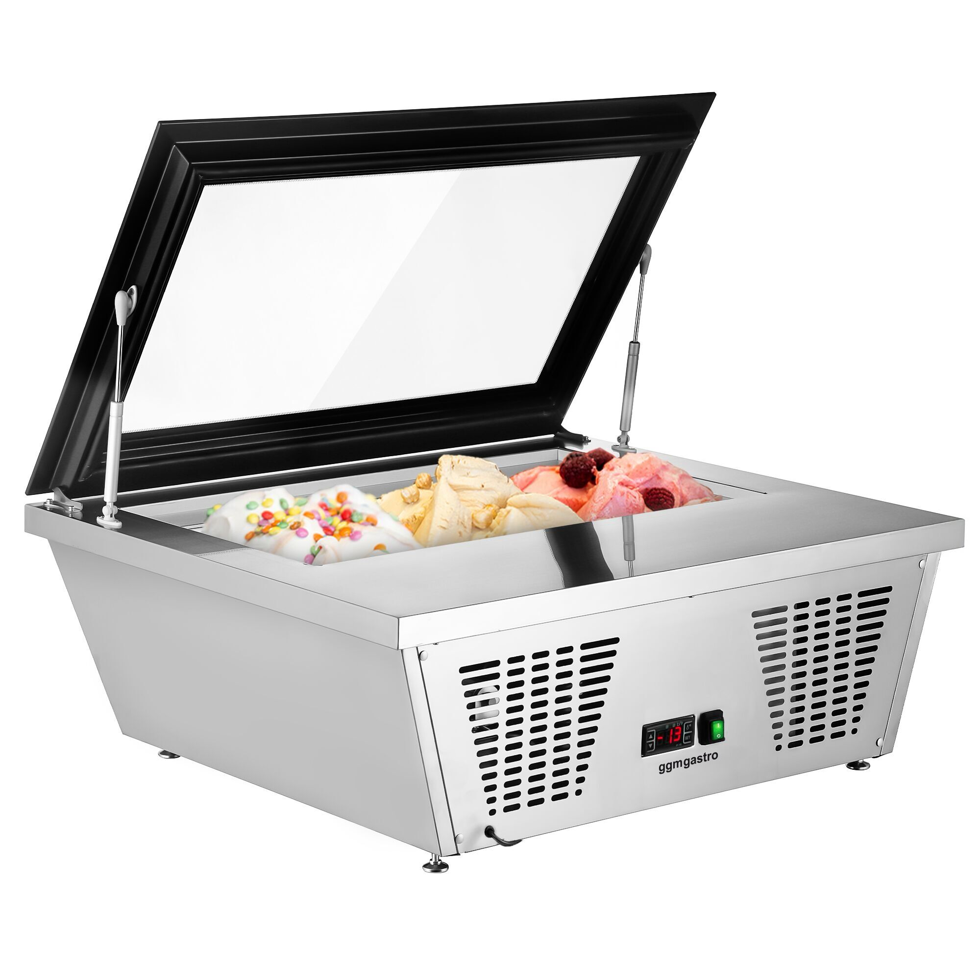 Vitrine à glaces à poser - 867mm - Froid statique - Couvercle vitré basculant - avec éclairage LED - pour 4 bacs de 5 L - Côté service