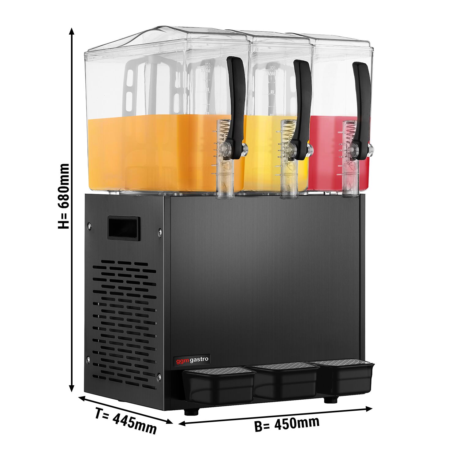 Commercial Cold Drinks Dispenser - 3x polycarbonate tanks with tap - 3x 10 Litres - 600W - Black - incl. drip tray