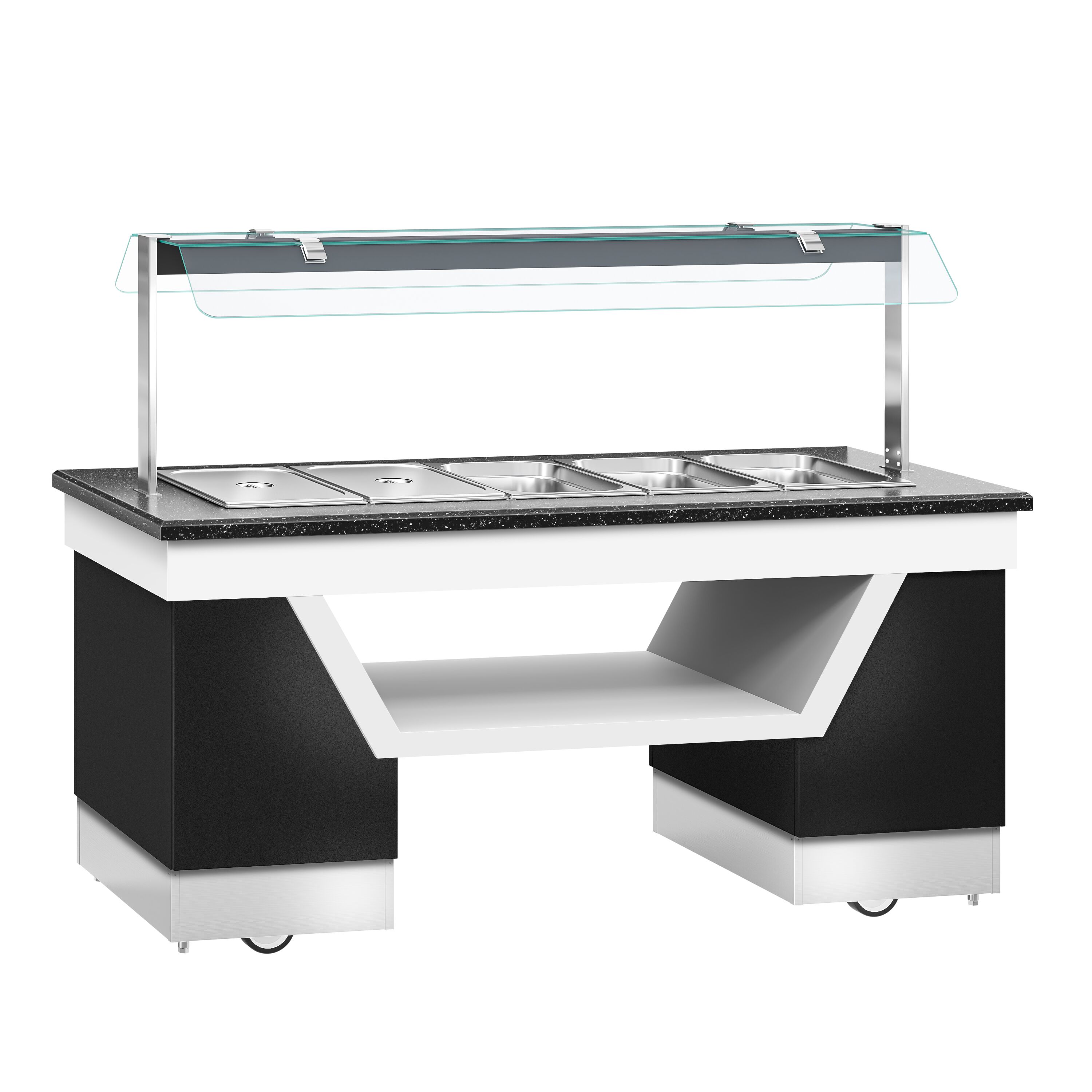 Refrigerated Buffet Display BELFAST - 2000mm - with Refrigerated Well + Flat Glass Sneeze Guard - on Castors - for 5x GN 1/1 - Black