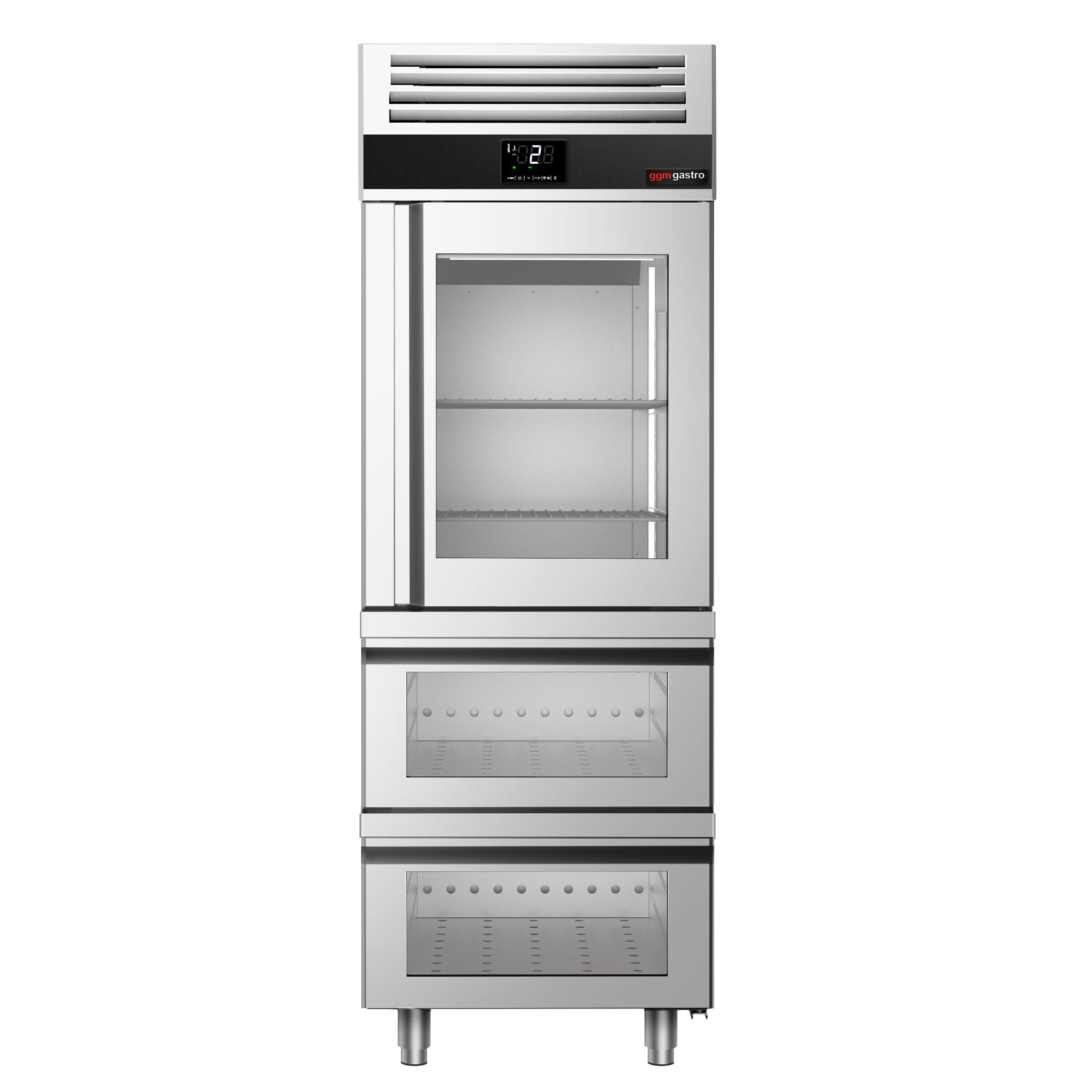 Armoire réfrigérée vitrée positive Inox AISI 304 PREMIUM - GN 2/1 - 700 L - avec 1 porte vitrée & 2 tiroirs & Glissières GN & 2 grilles GN 2/1