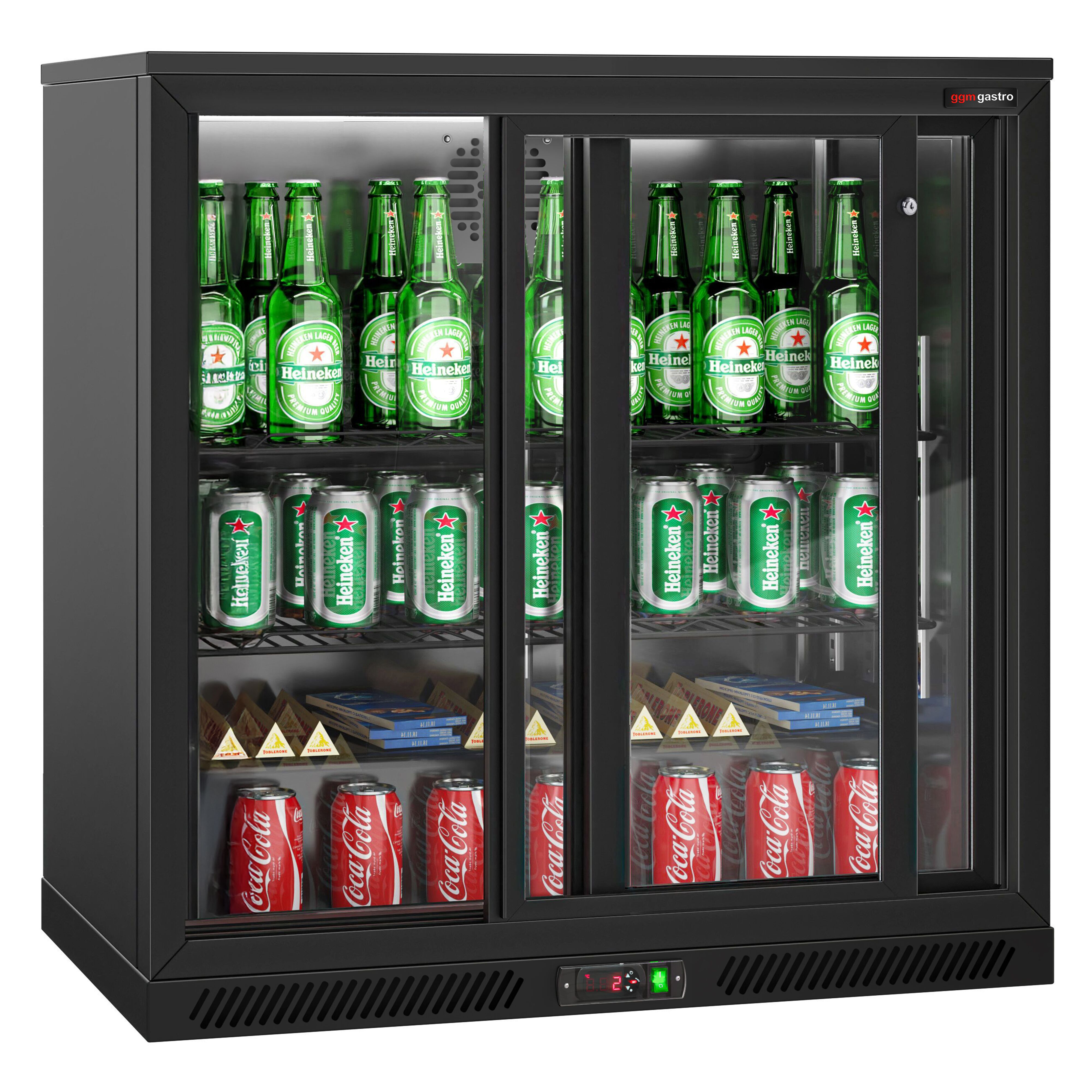 Réfrigérateur de bar – 900 mm – 220 litres – avec 2 portes coulissantes en verre – Extérieur & intérieur Noir