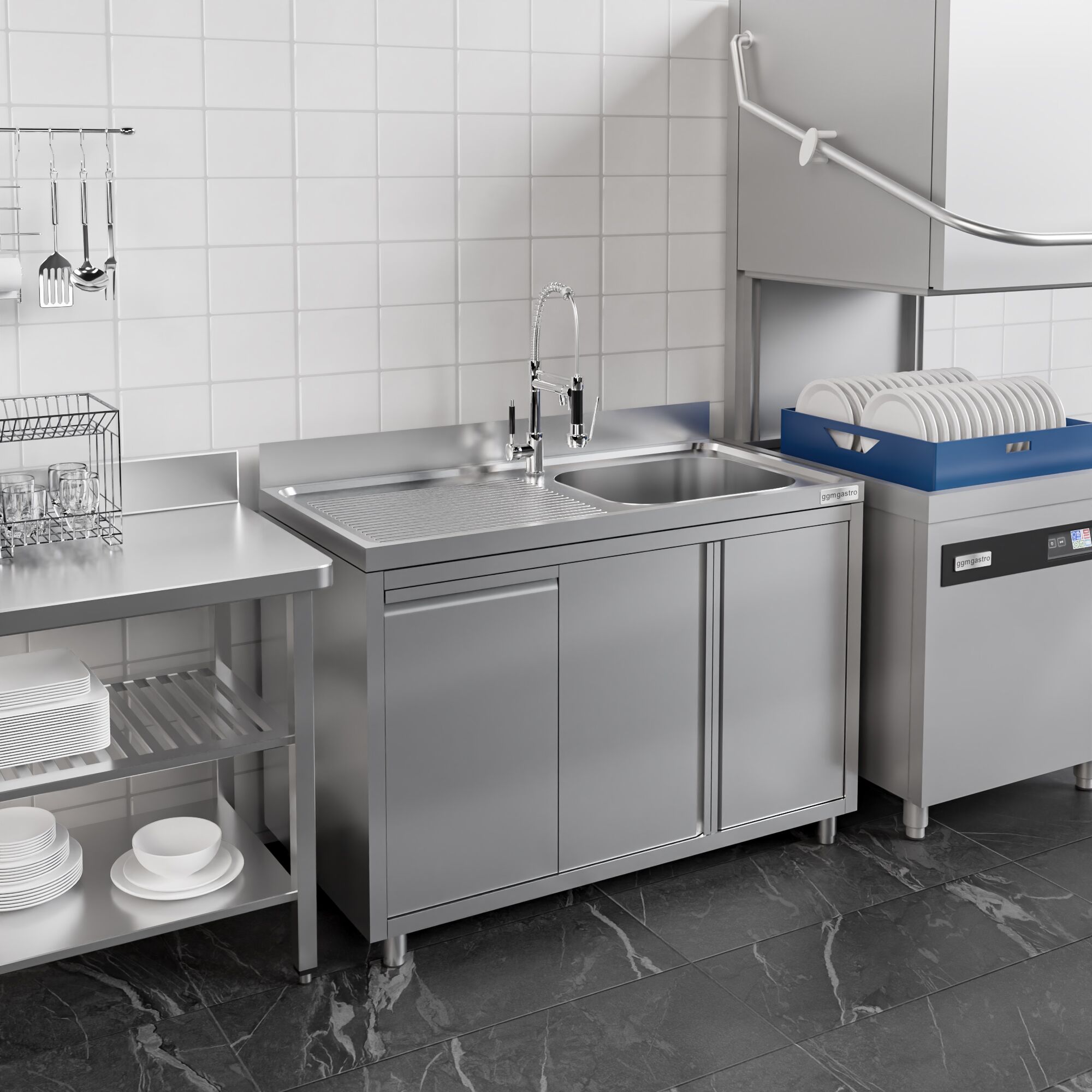 Plonge inox - 1200x600mm - 1 bac à droite - avec égouttoir à gauche - avec dosseret - sur meuble - avec vide‑déchets et poubelle