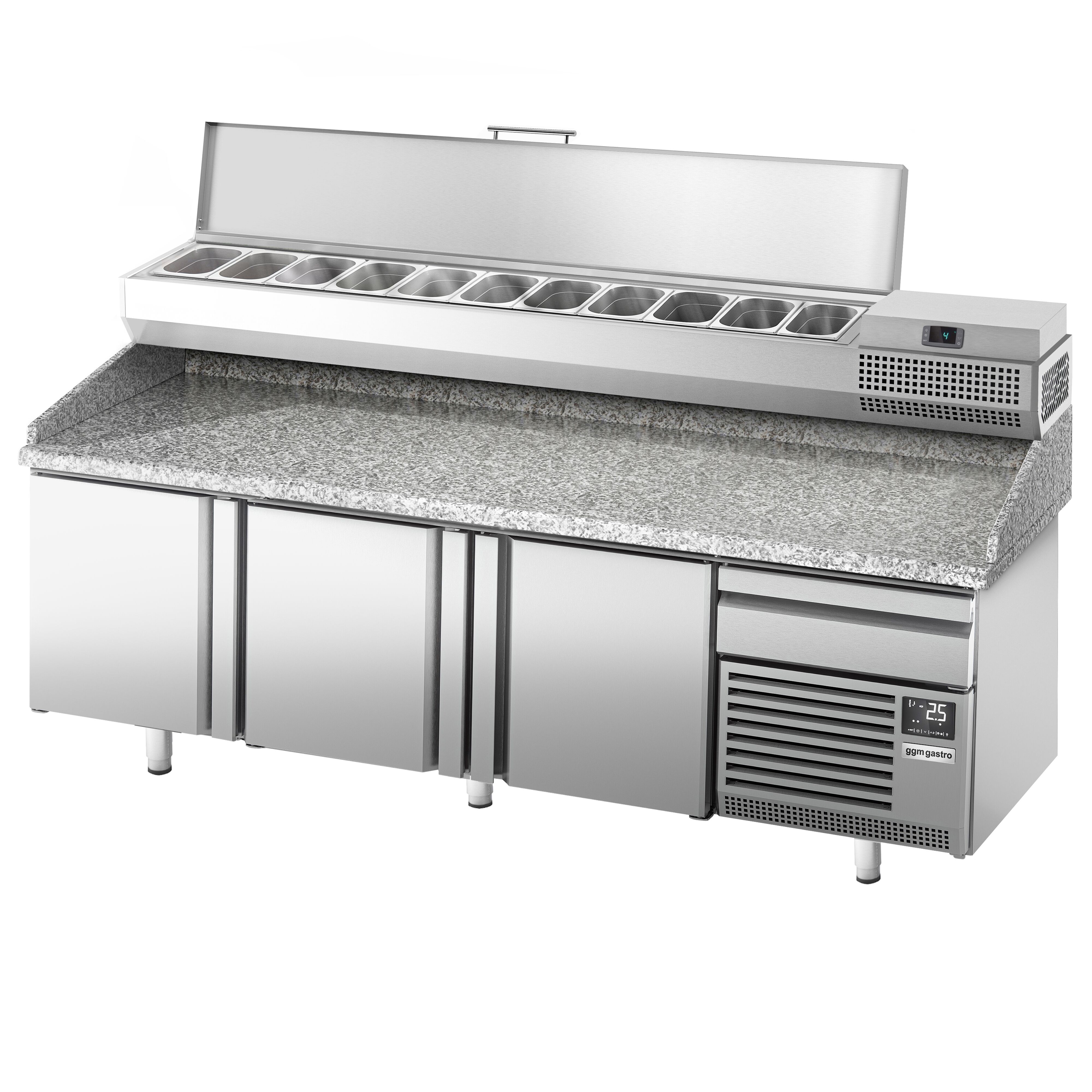 Table réfrigérée à pizza Premium PLUS - 2305x800 mm - avec 3 portes & 1 tiroir - incl. vitrine réfrigérée - 11x GN 1/4