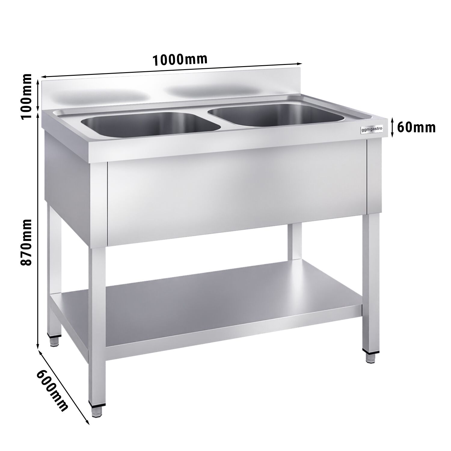 Table évier inox PREMIUM - 1000x600mm - avec fond & 2 bacs au centre