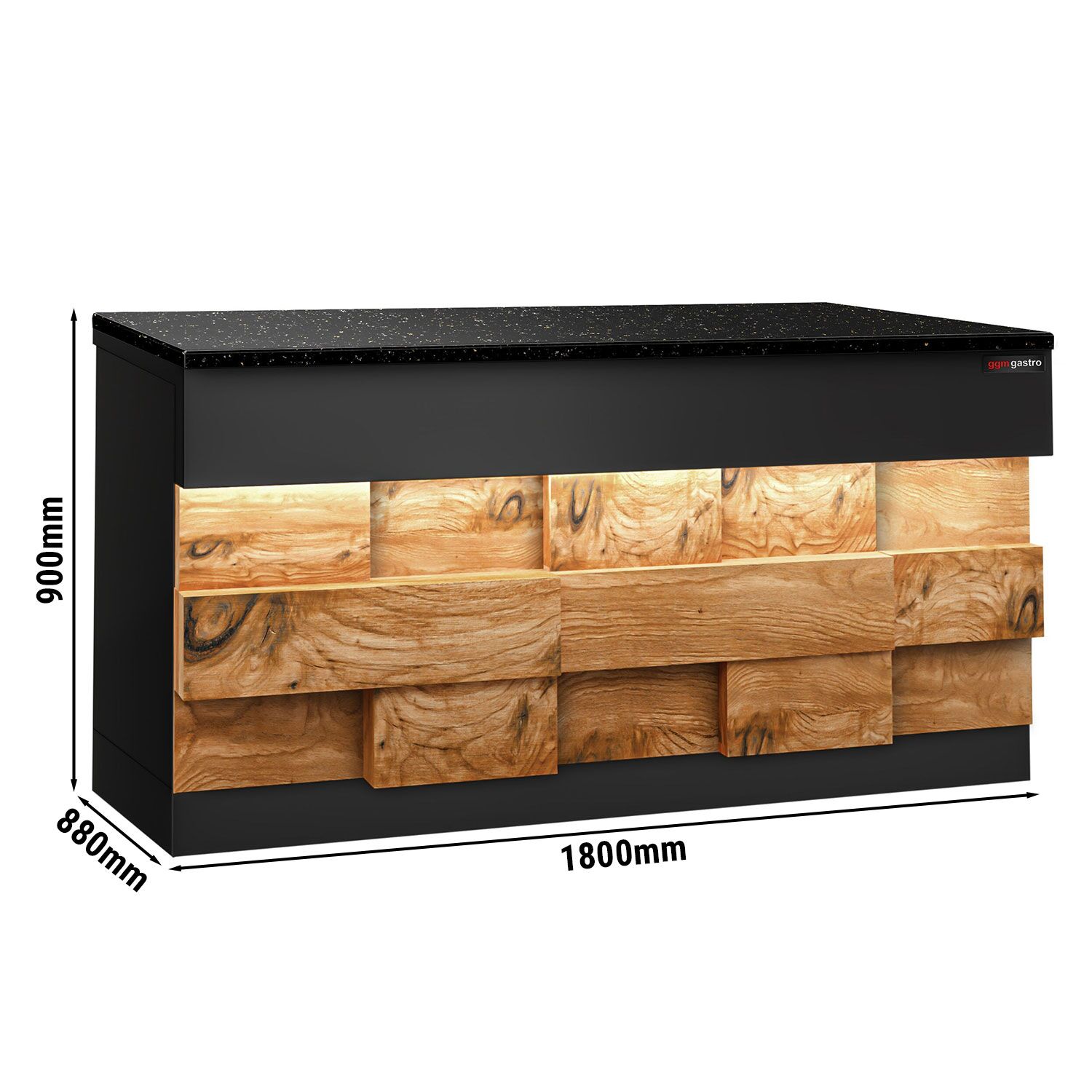 Table de caisse TORONTO – 1800 mm – façade en bois – plan de travail en granit Noir