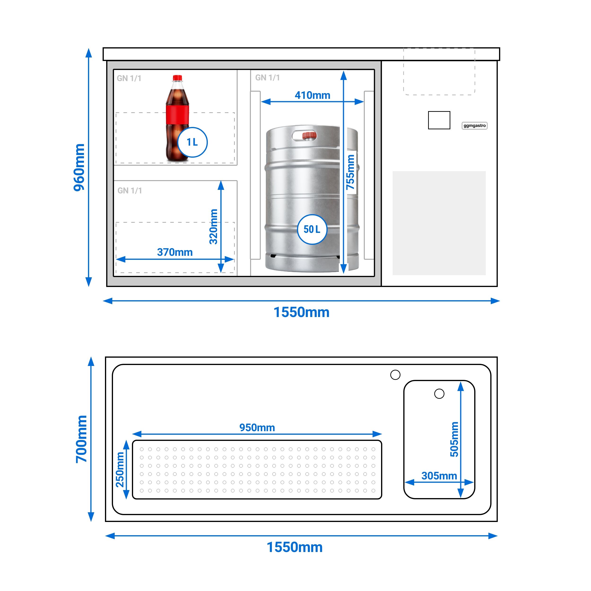 Comptoir de bar réfrigéré PREMIUM - 1550x700mm - 1 porte en verre et 2 tiroirs en verre