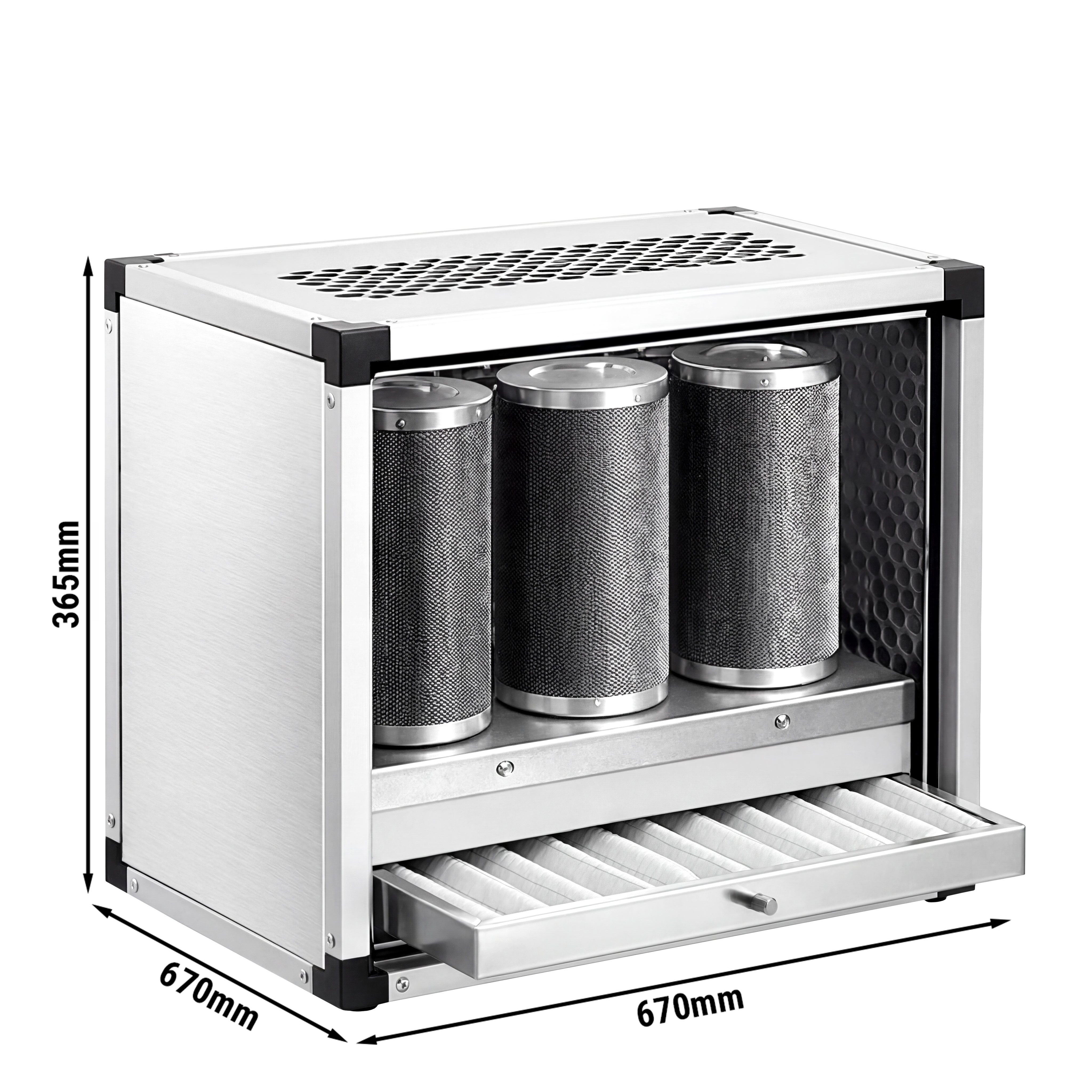 Système de filtration d’air extrait sans moteur – 1400 m³ – taux de séparation de 70 % – avec préfiltre & filtre à charbon actif