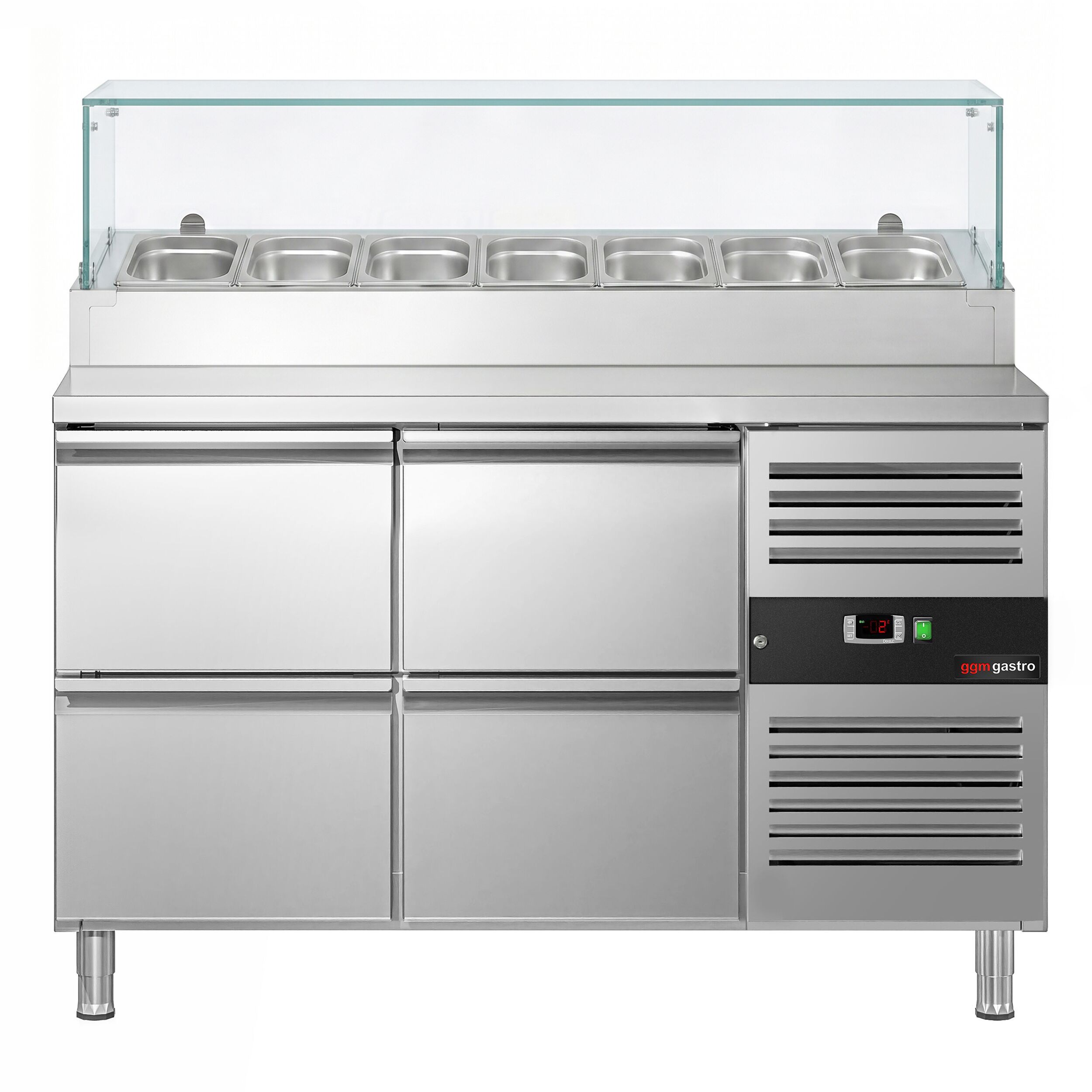 Zubereitungstisch PREMIUM - 1360mm - 4 Schubladen - mit Glasaufsatz - für 7x GN 1/3
