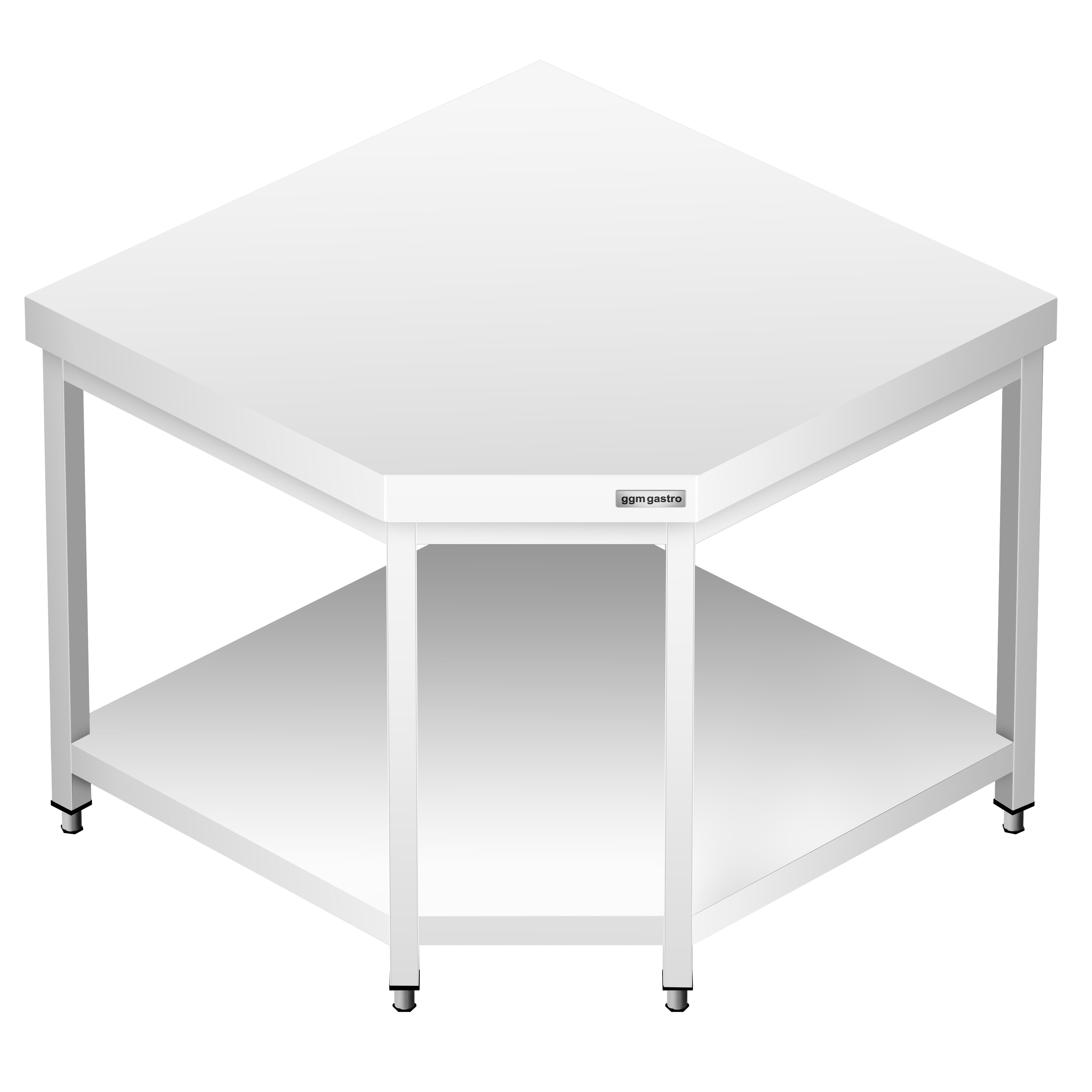 Table de travail en inox d’angle PREMIUM - 1150x800mm - avec étagère basse + dosseret arrière