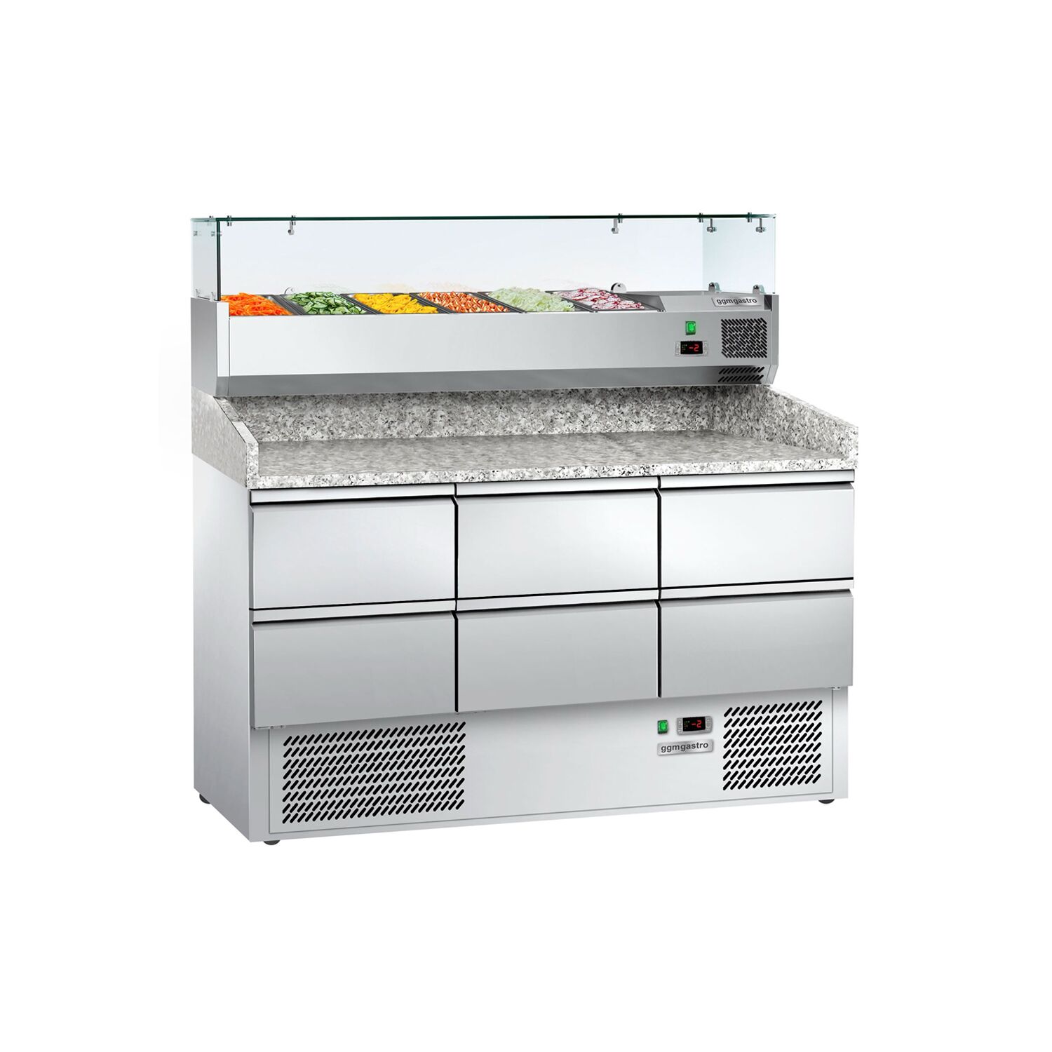 Table réfrigérée à pizza ECO - 1400 x 700 mm - avec 6 tiroirs 1/2 - incl. vitrine réfrigérée 6 x GN 1/4