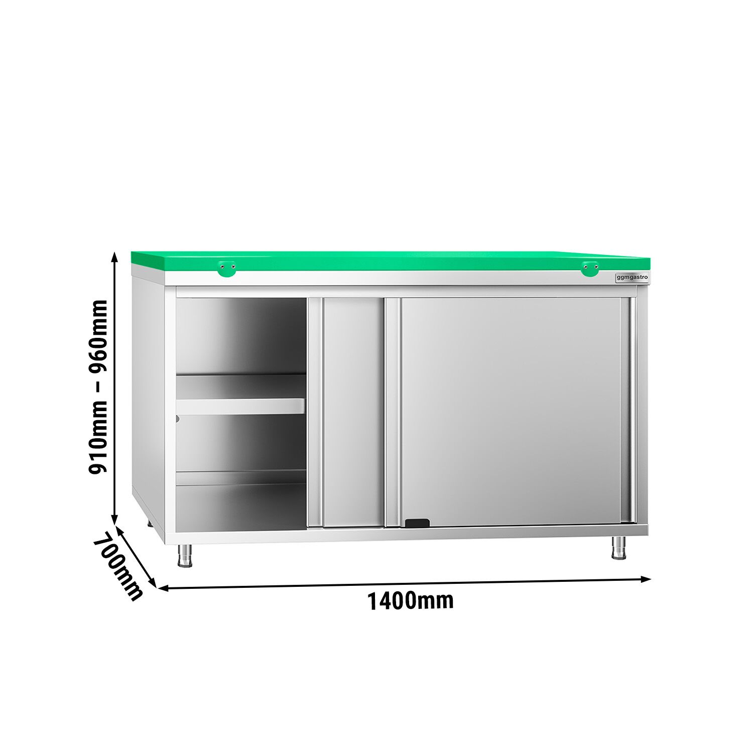 Table armoire en acier inoxydable PREMIUM - 1400x700mm - avec portes coulissantes et étagère basse - pour fruits et légumes - incl. plateau de découpe Vert PEHD (HACCP)