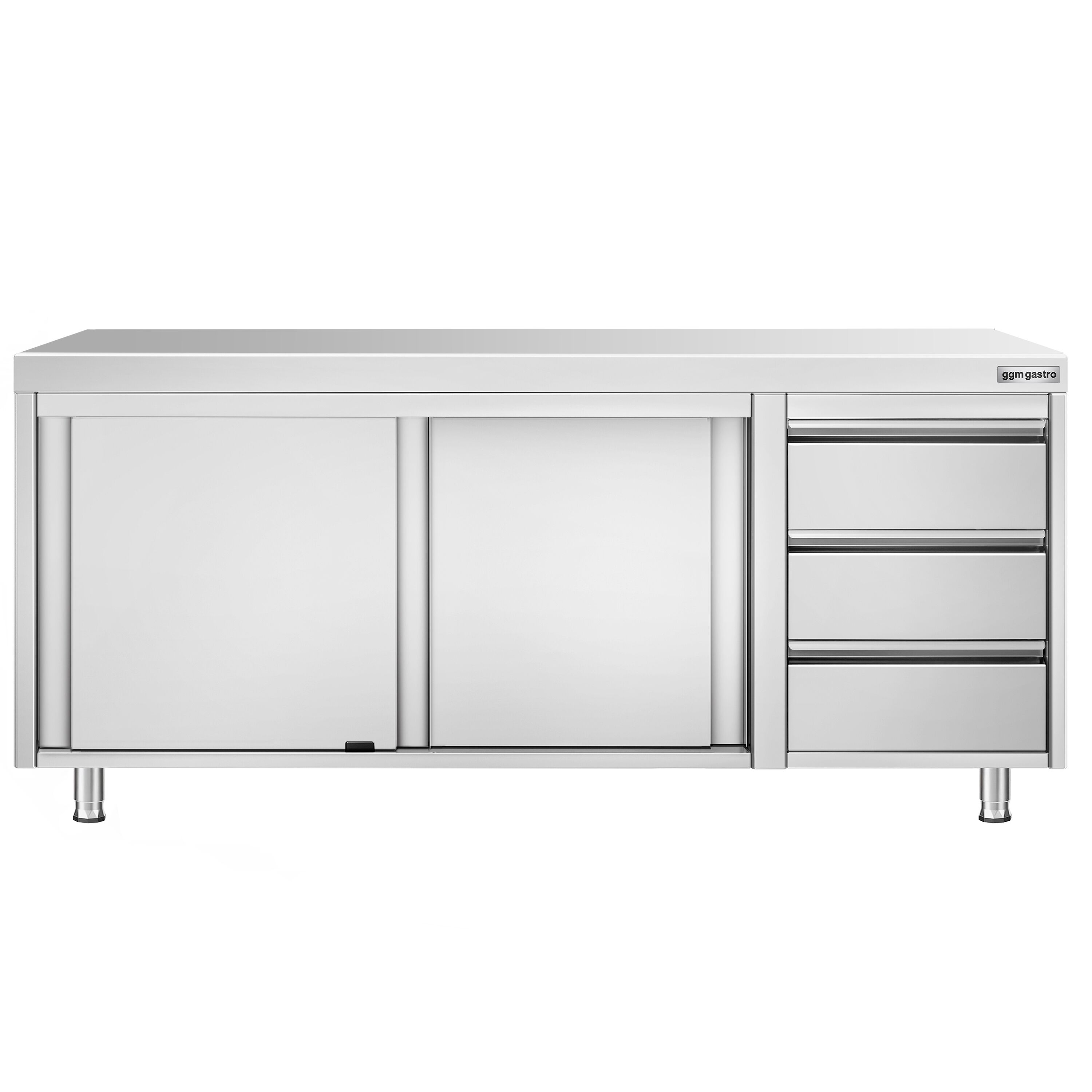 Table armoire en acier inoxydable PREMIUM - 2000x600mm - avec 3 tiroirs à droite et portes coulissantes et étagère basse