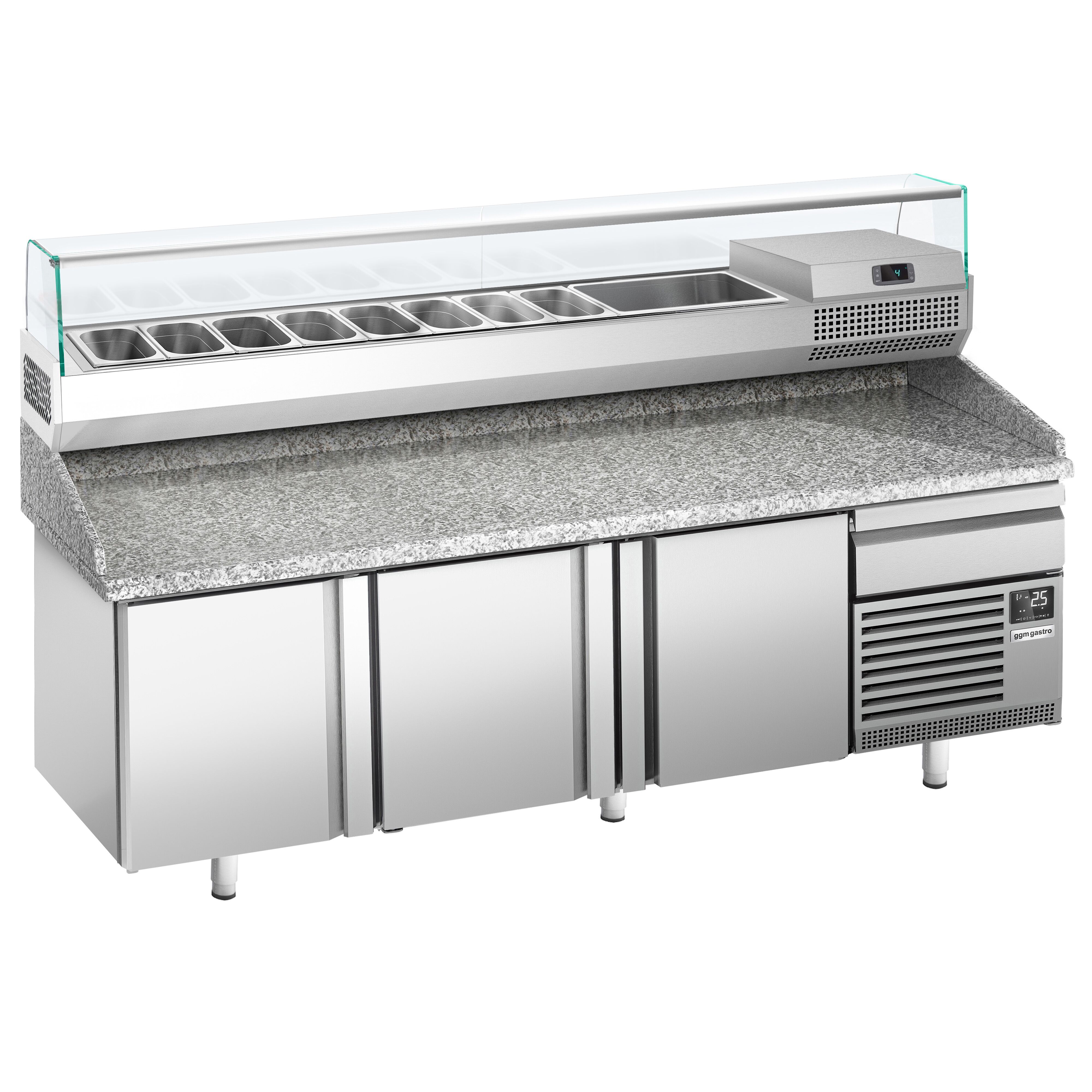 Table réfrigérée à pizza Premium PLUS - 2305 x 800 mm - avec 3 portes & 1 tiroir - incl. vitrine réfrigérée de présentation - 10x GN 1/3