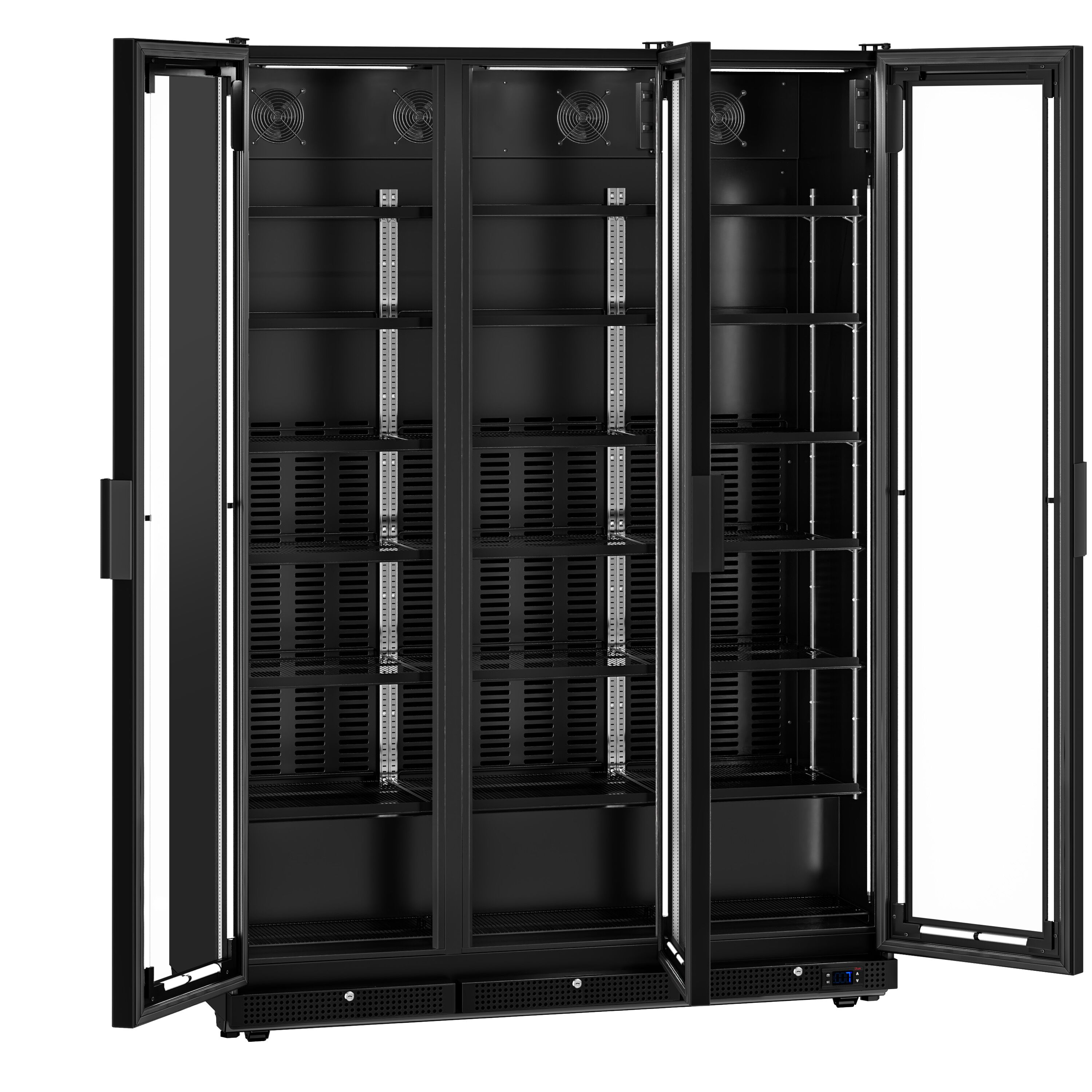 Commercial Beverage Display Fridge - 1500mm - 975 Litres - with 3 hinged glass doors - LED lighting - Temperature range 0 to 7 °C - Black