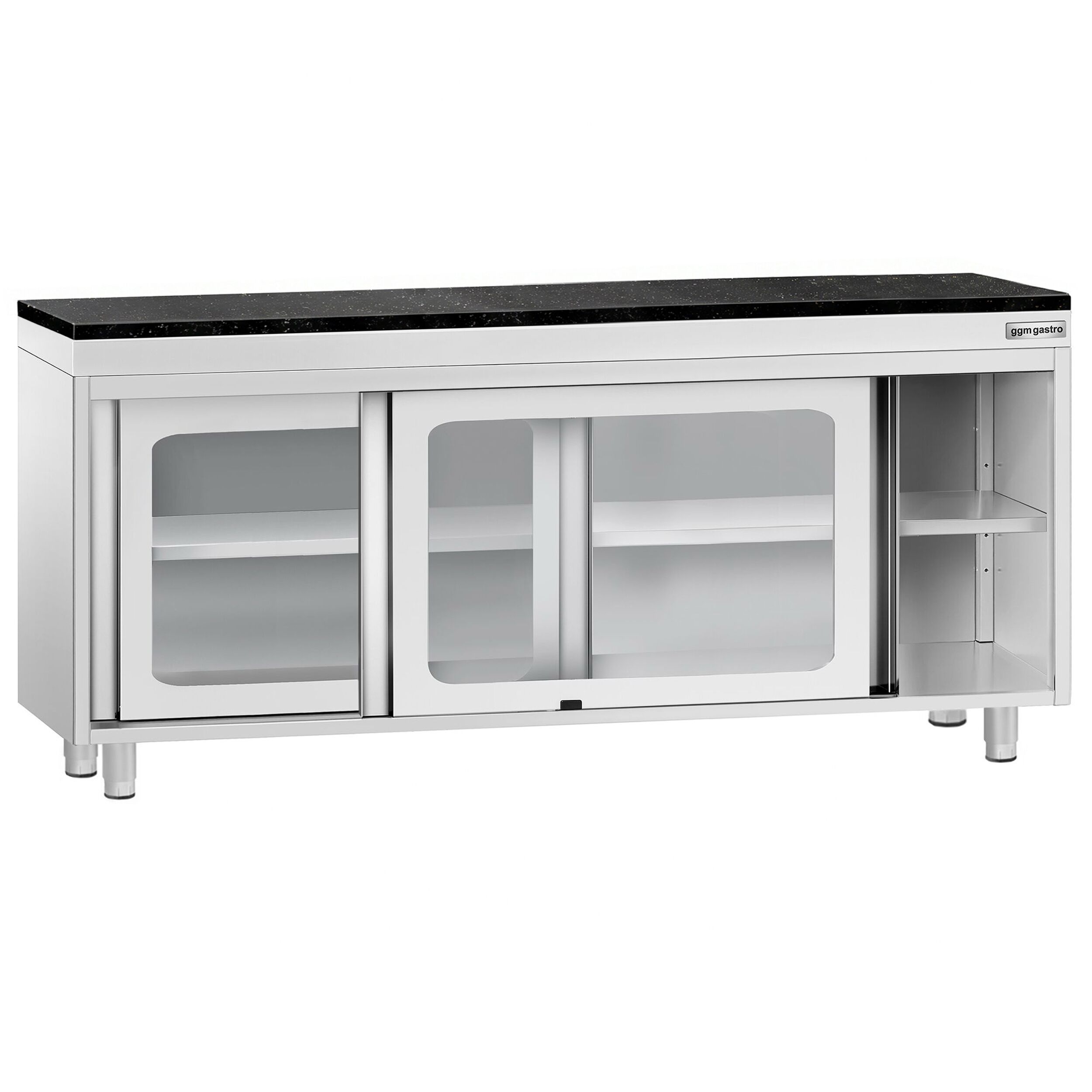 Roestvrijstalen werkkast PREMIUM - 1800 x 700 mm - met glazen schuifdeur - incl. granieten werkblad