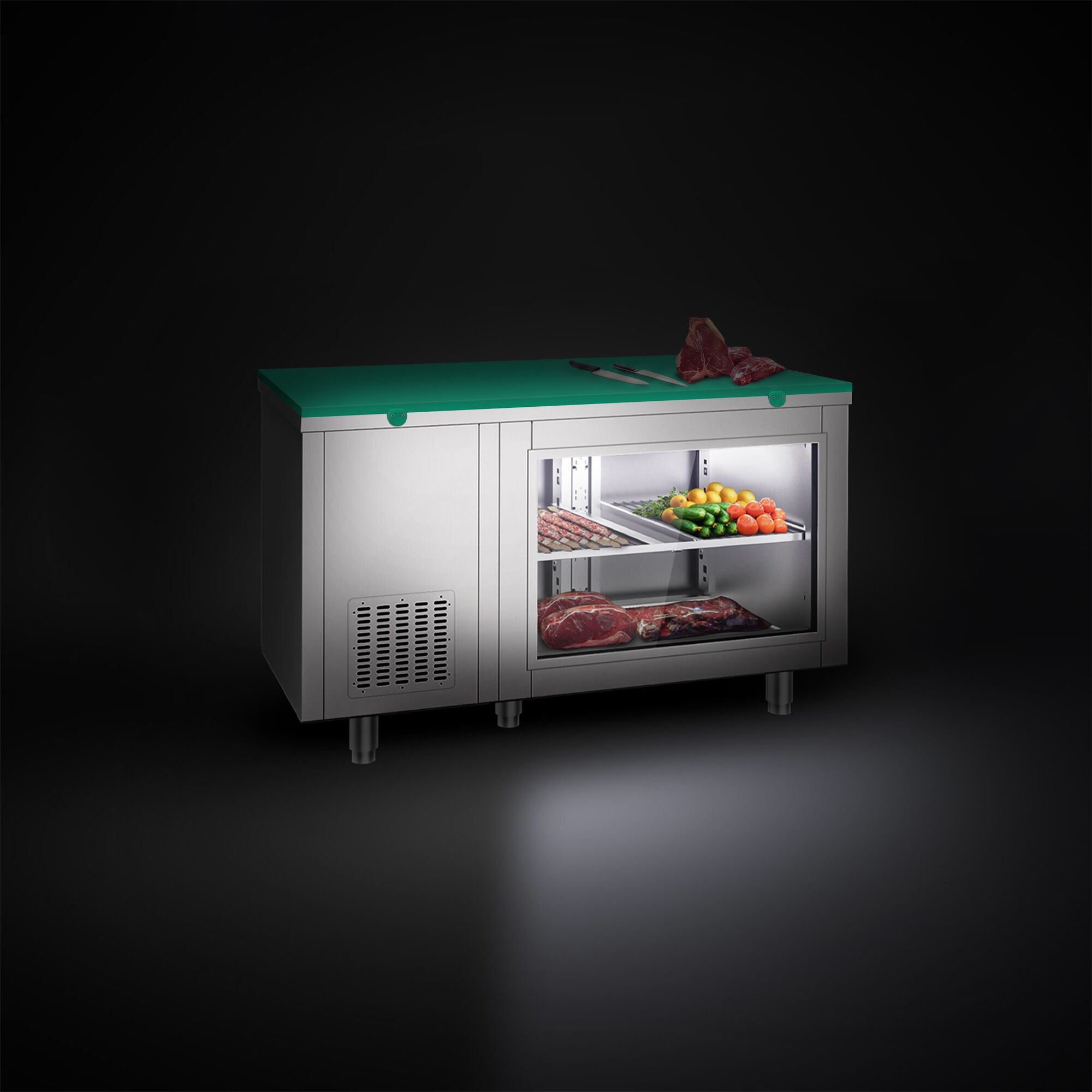 Refrigerated Counter – 1400 × 700 mm – Rear Side with 2 Doors – Glass Front – incl. Green Cutting Board