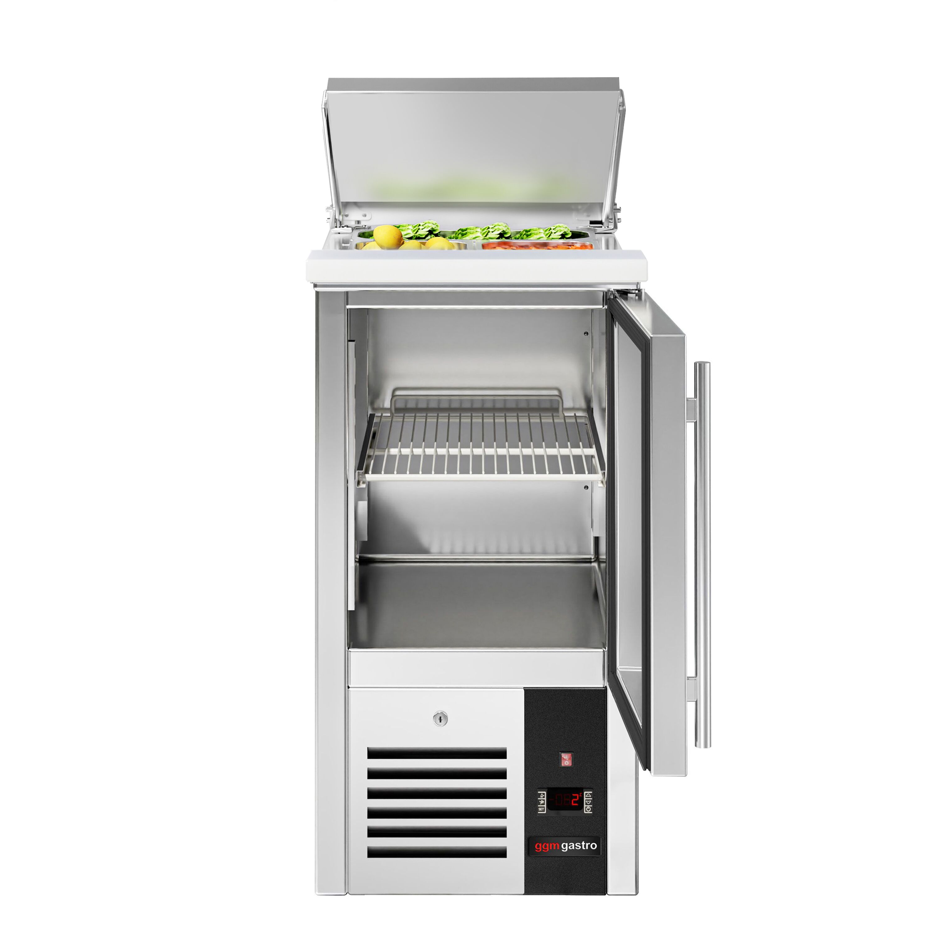 Saladette réfrigérée PREMIUM - 450mm - 102L - 1 porte vitrée - avec découpe pour 1x GN 1/1 & Couvercle inox