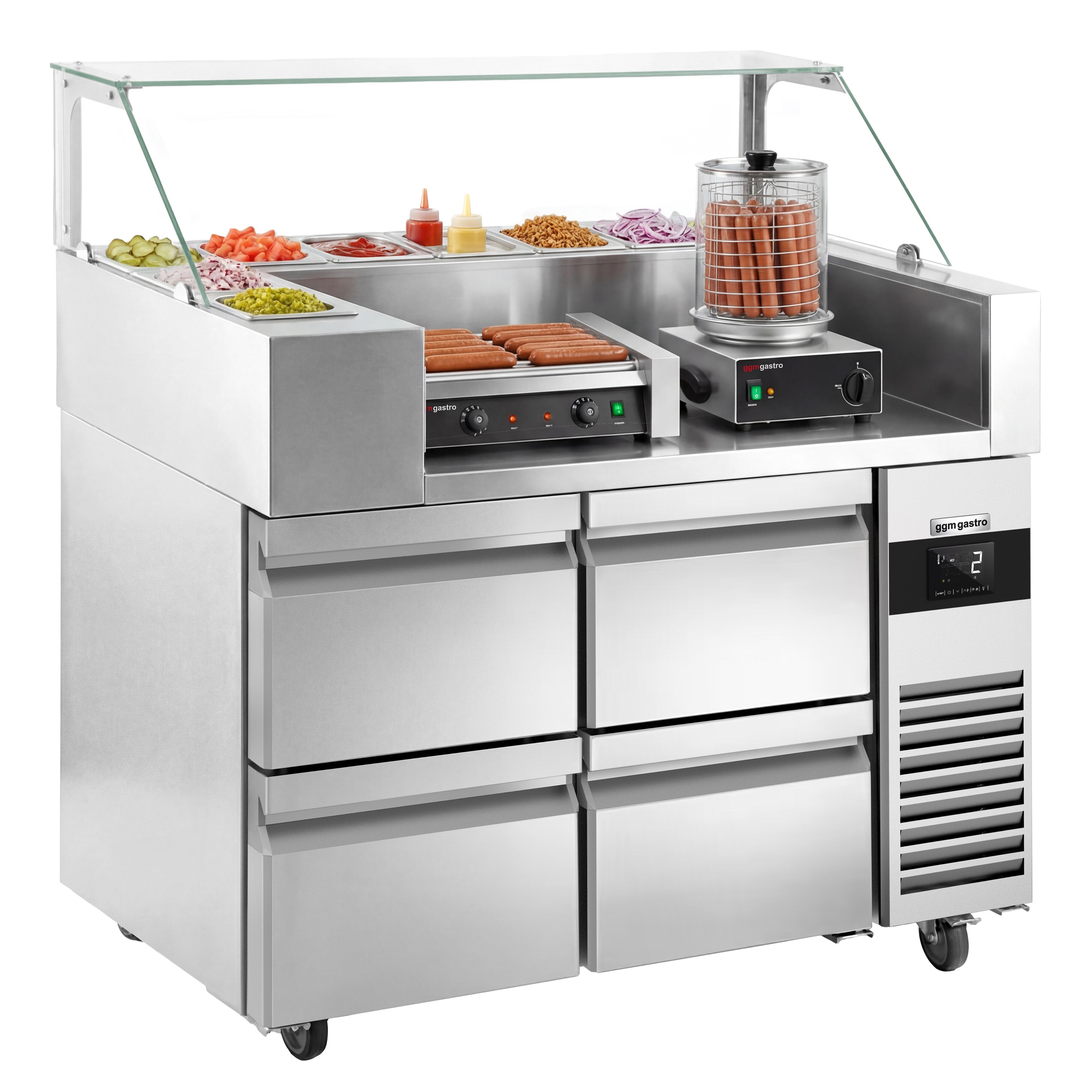 Saladette Kompakt - 1210x700 mm - glasöverdel - inbyggd kylränna - 4 lådor - för 9x GN 1/6 - inkl. Korvgrill/Hot dog‑grill & -värmare