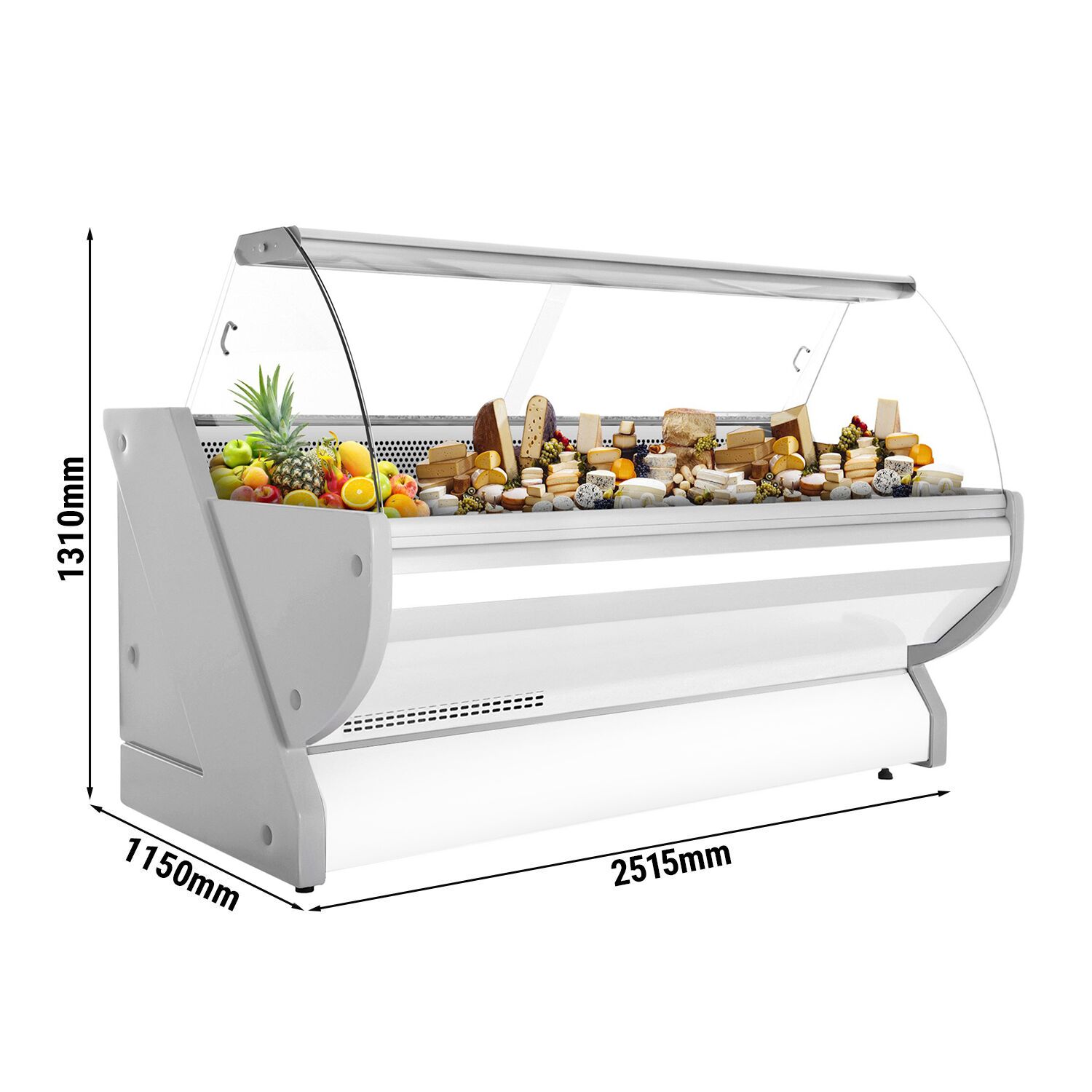 Serve Over Counter - 2515x1150mm - curved front glass - granite worktop - capacity 500 litres - white front