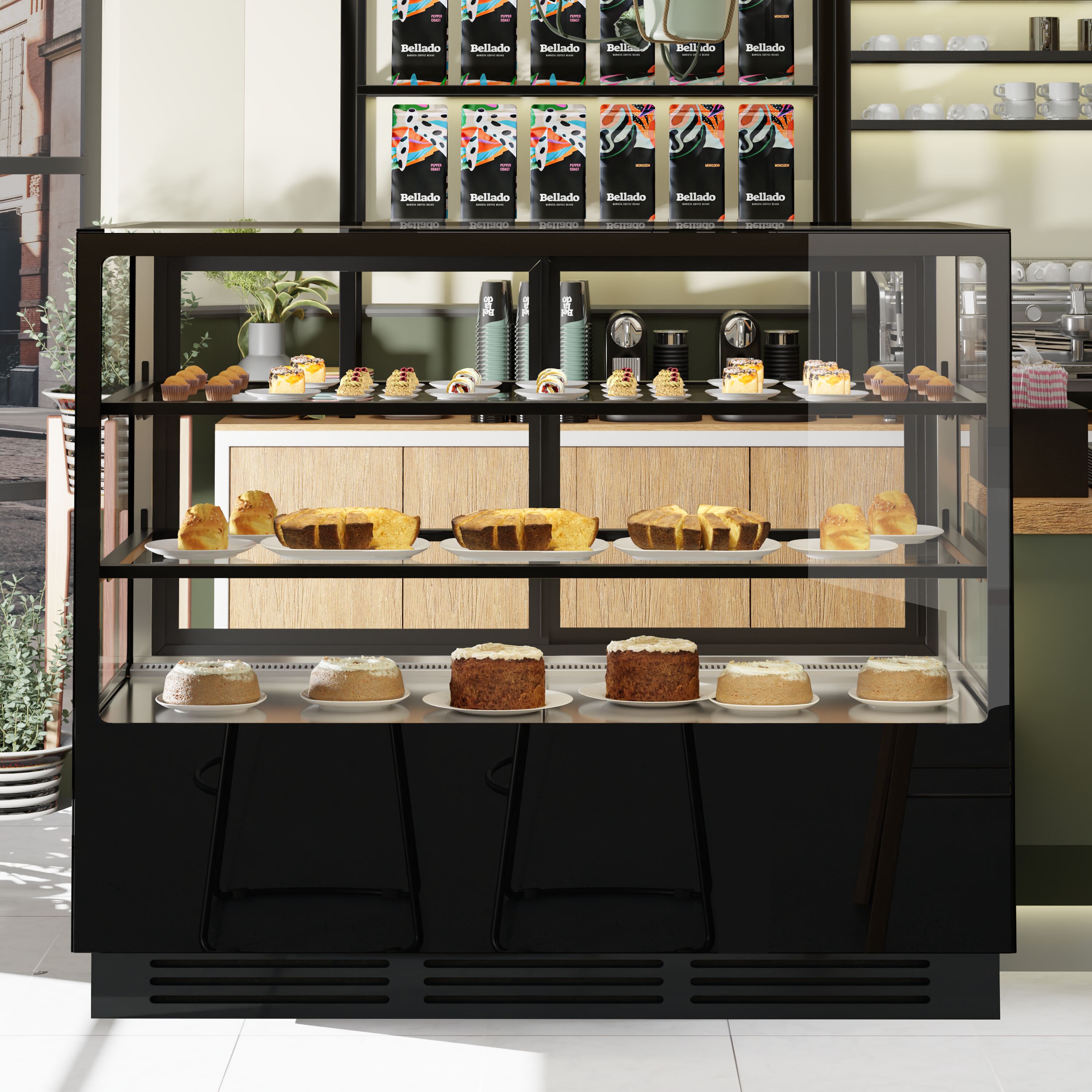 Vitrine à pâtisserie réfrigérée - 580L - 1500mm - Double vitrage - avec 2 étagères en verre - portes coulissantes vitrées arrière - Noir