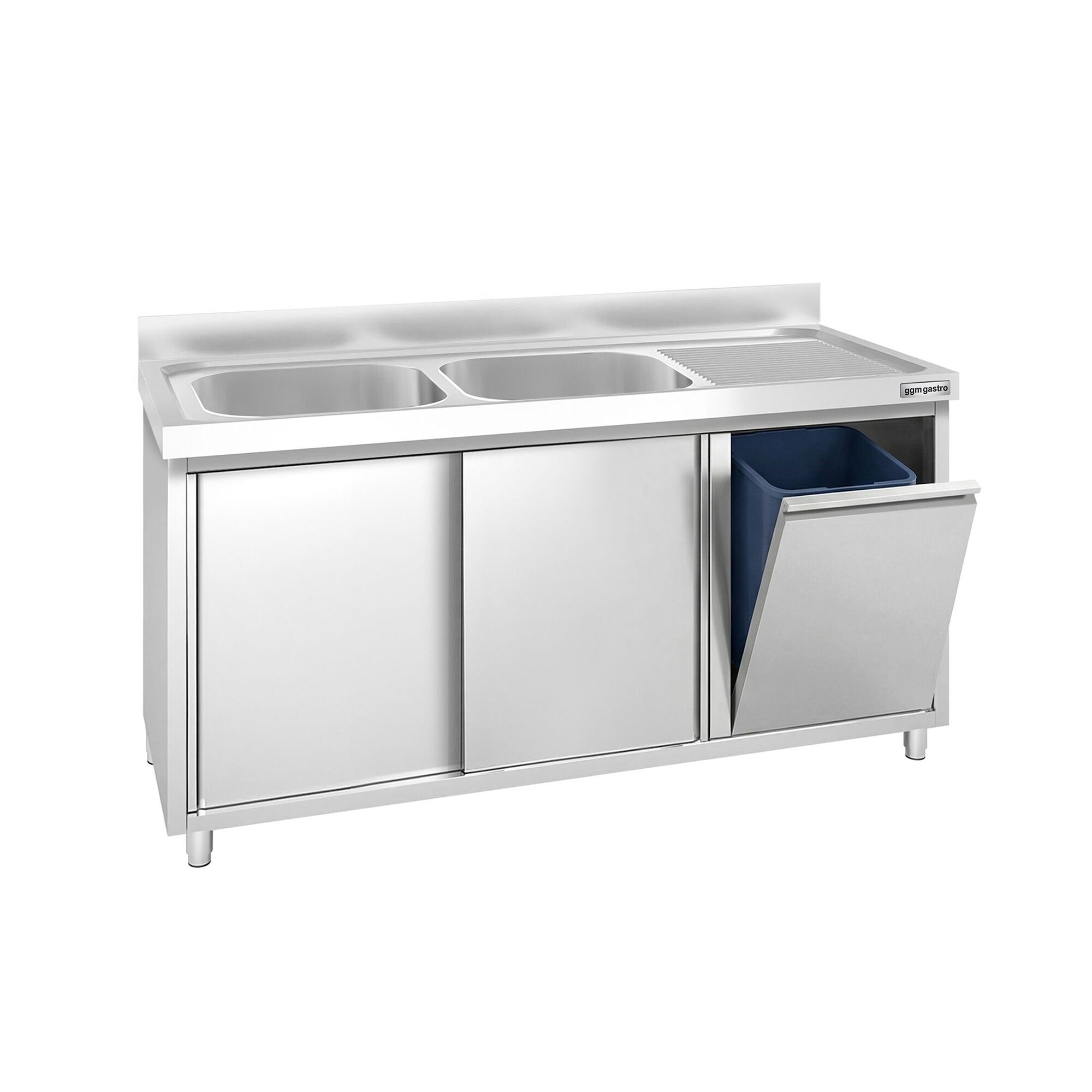 Meuble plonge PREMIUM - 1400x600mm - avec poubelle intégrée et 2 bacs à gauche