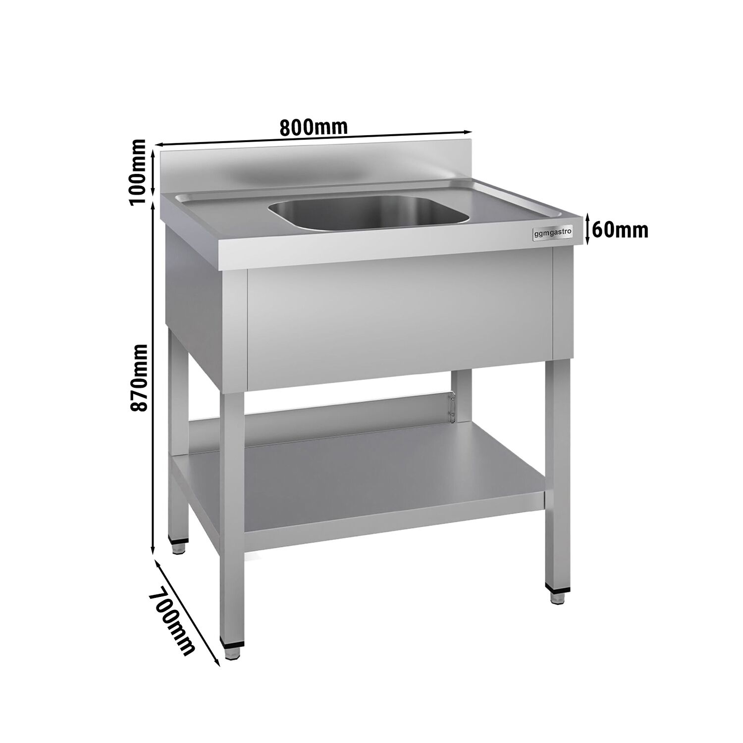 Plonge en inox ECO - 800x700mm - avec étagère basse - 1 bac au centre