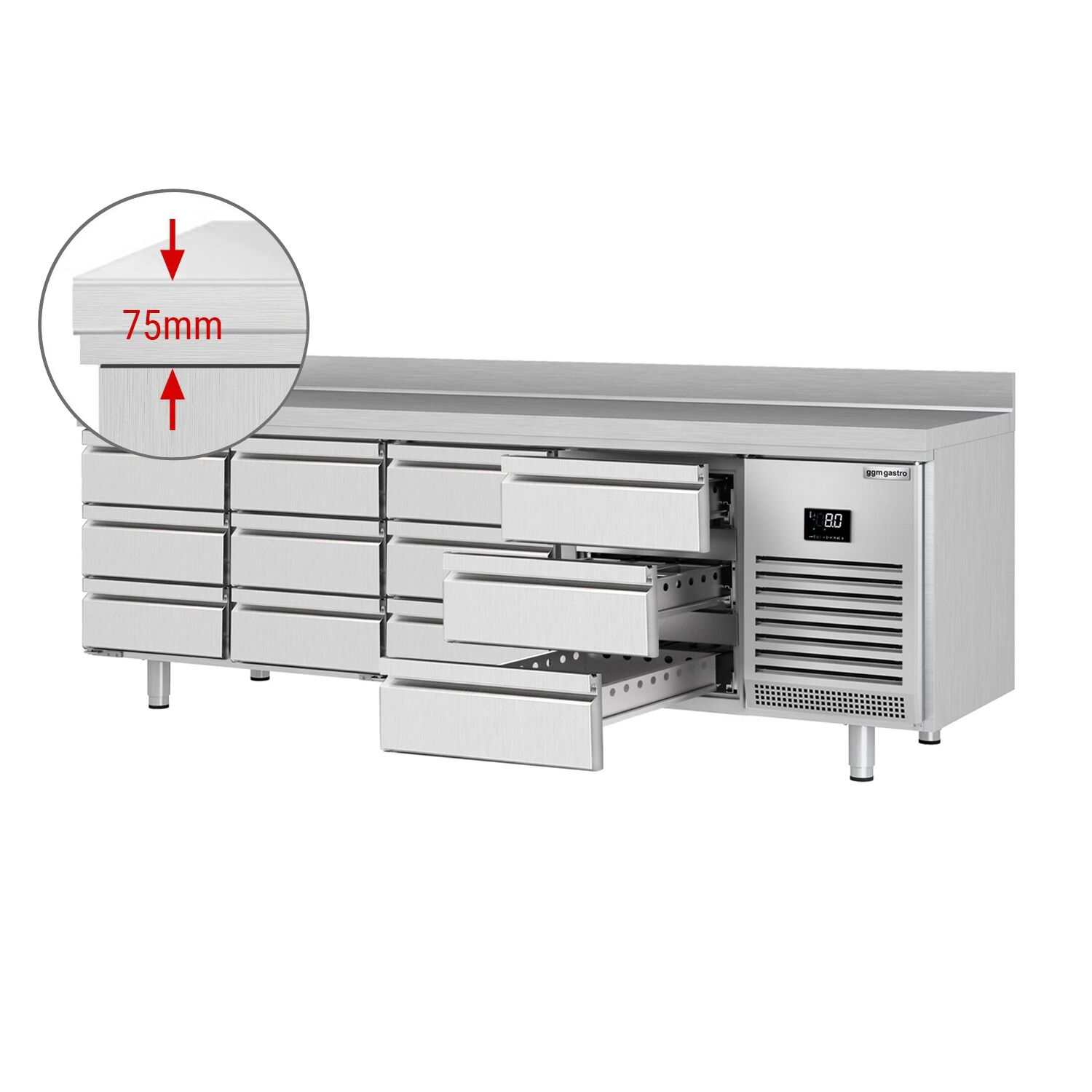 Table réfrigérée Premium PLUS - 2452 x 700 mm - 12 tiroirs - avec dosseret