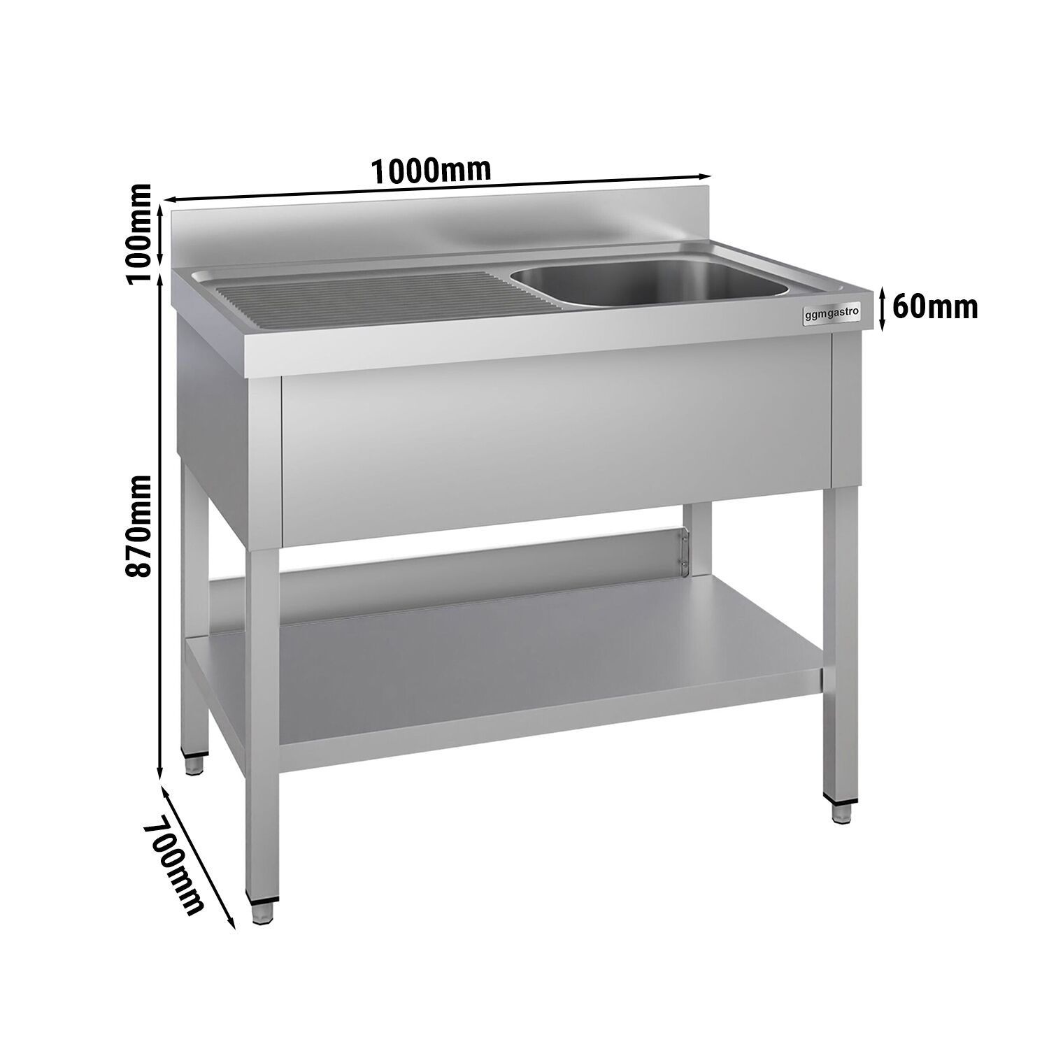 Plonge en inox ECO - 1000x700mm - avec étagère basse - 1 bac à droite