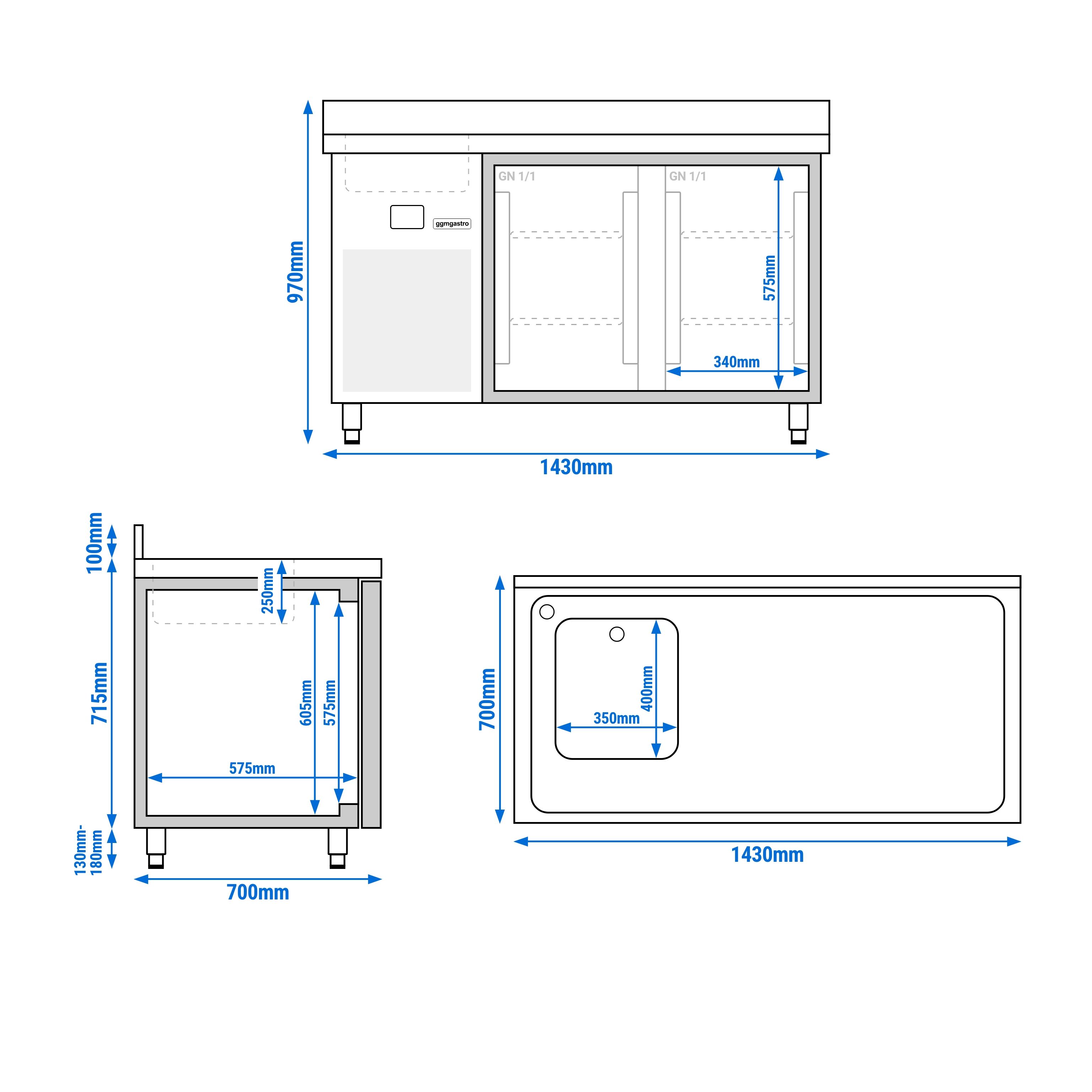 Table réfrigérée PREMIUM - 1430 x 700 mm - avec 2 portes, 1 bac à gauche - dosseret