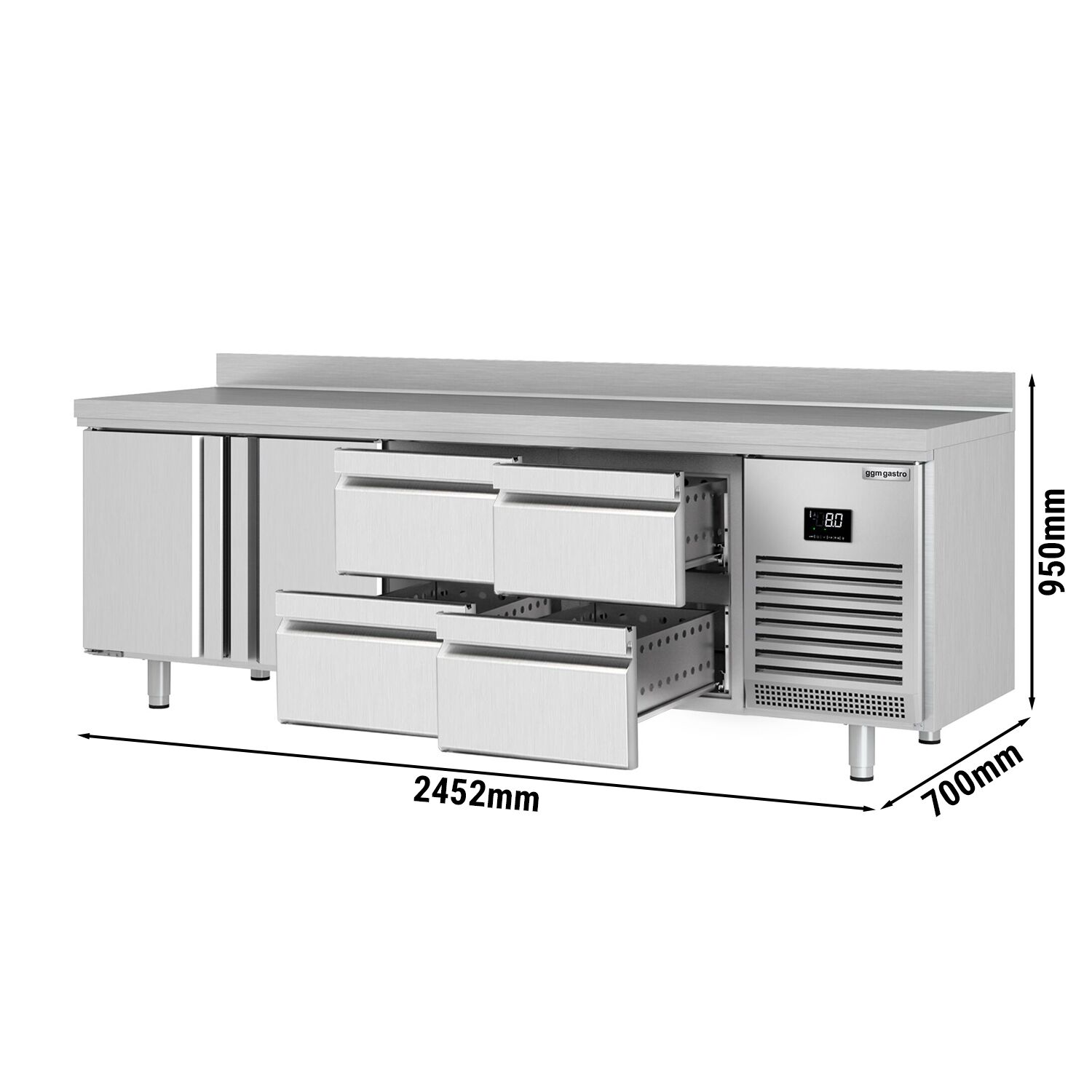 Table réfrigérée Premium PLUS - 2452 x 700 mm - avec 2 portes - 4 tiroirs - avec dosseret