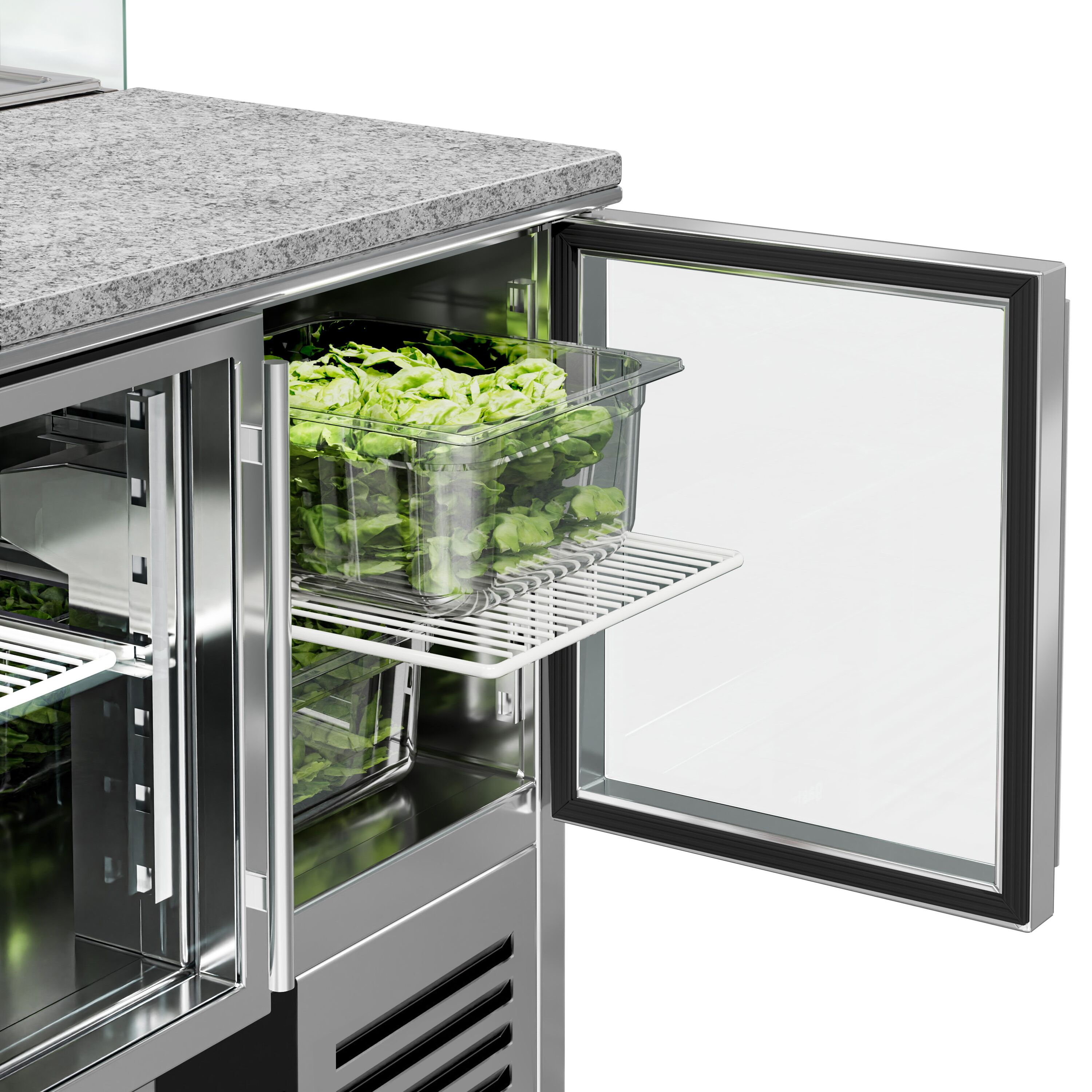 Saladette réfrigérée PREMIUM - 900mm - 240L - 2 portes vitrées - avec vitrine de comptoir pour 5x GN 1/6 - Pour FR