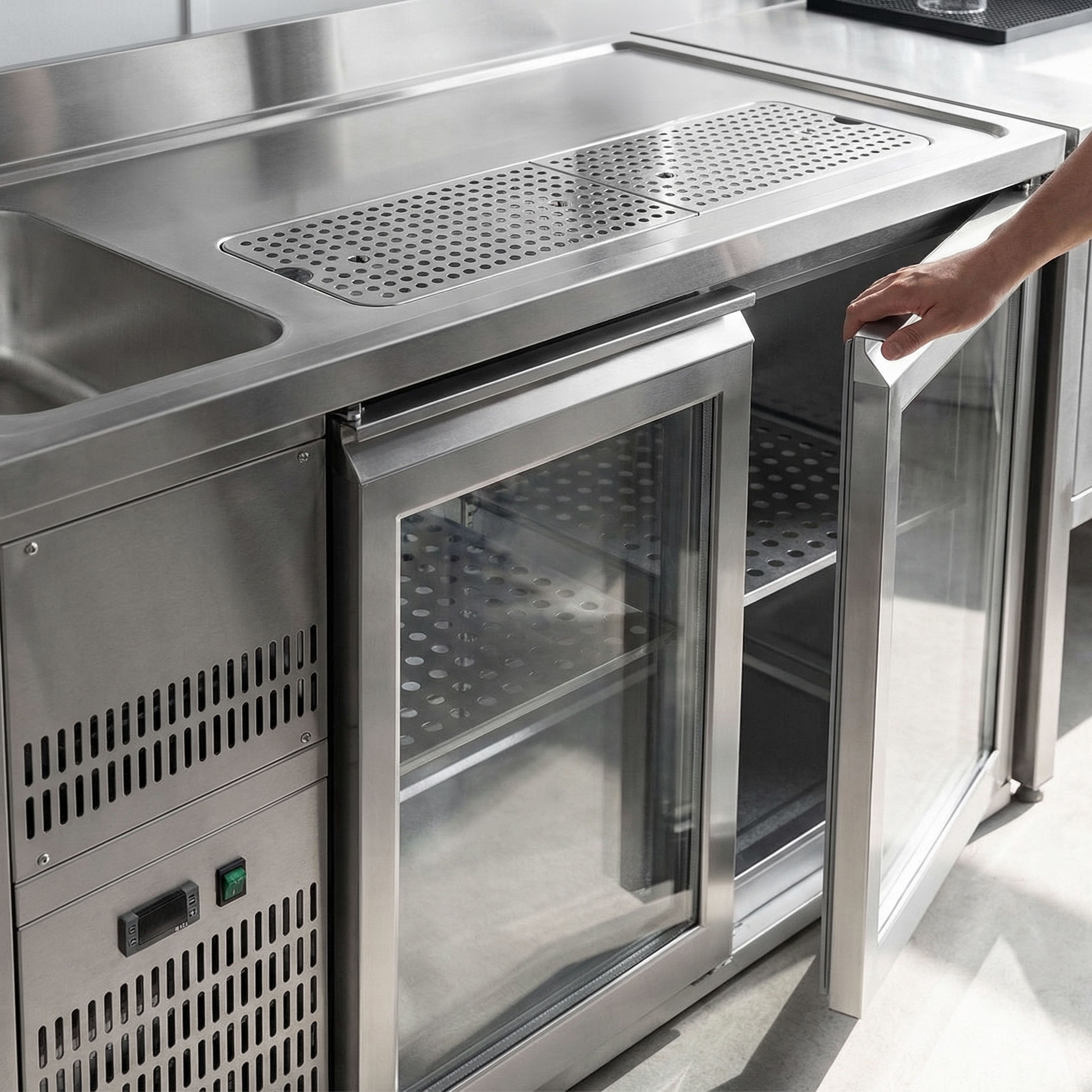 Comptoir de bar réfrigéré Premium PLUS - 2500x700mm - 3 portes vitrées