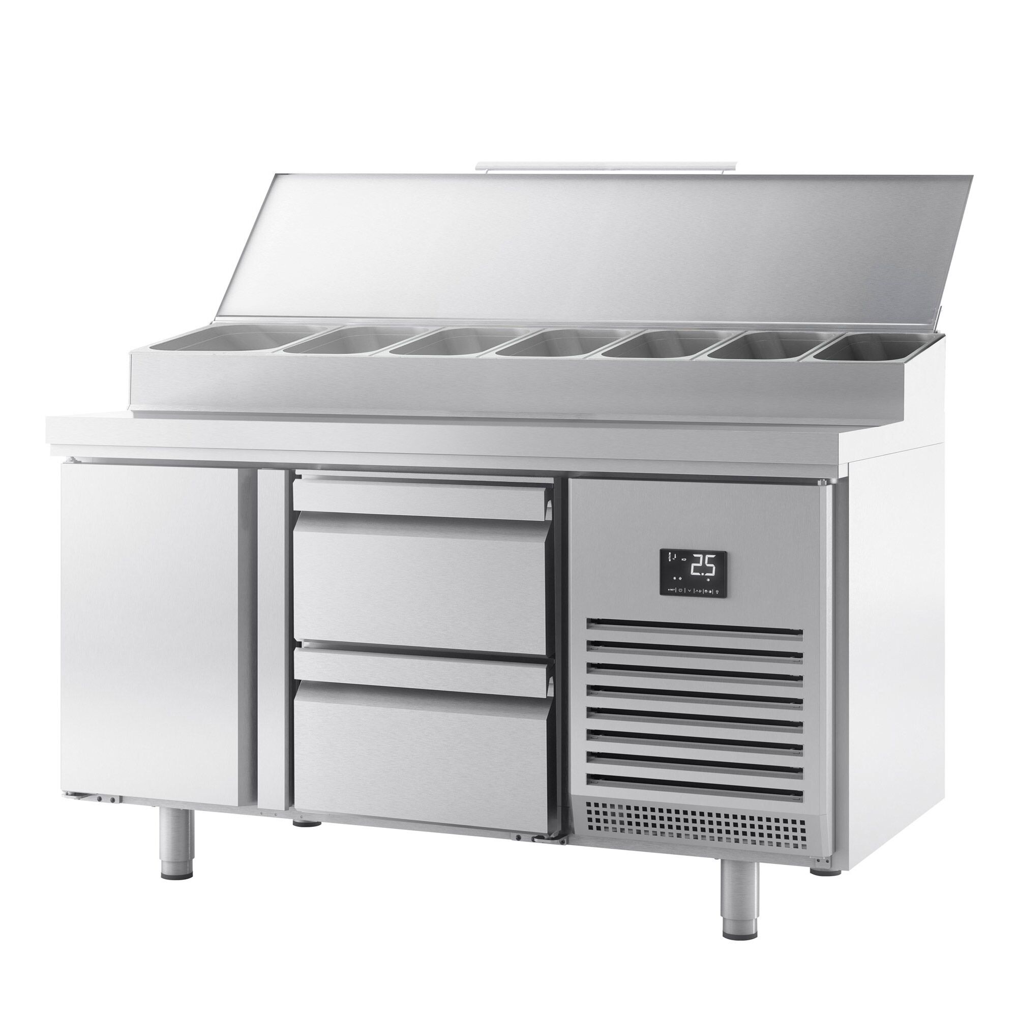 Table réfrigérée de préparation - 1468 x 700 mm - avec 1 porte et 2 tiroirs - avec superstructure en inox 1 x GN 1/2 et 6 x GN 1/3