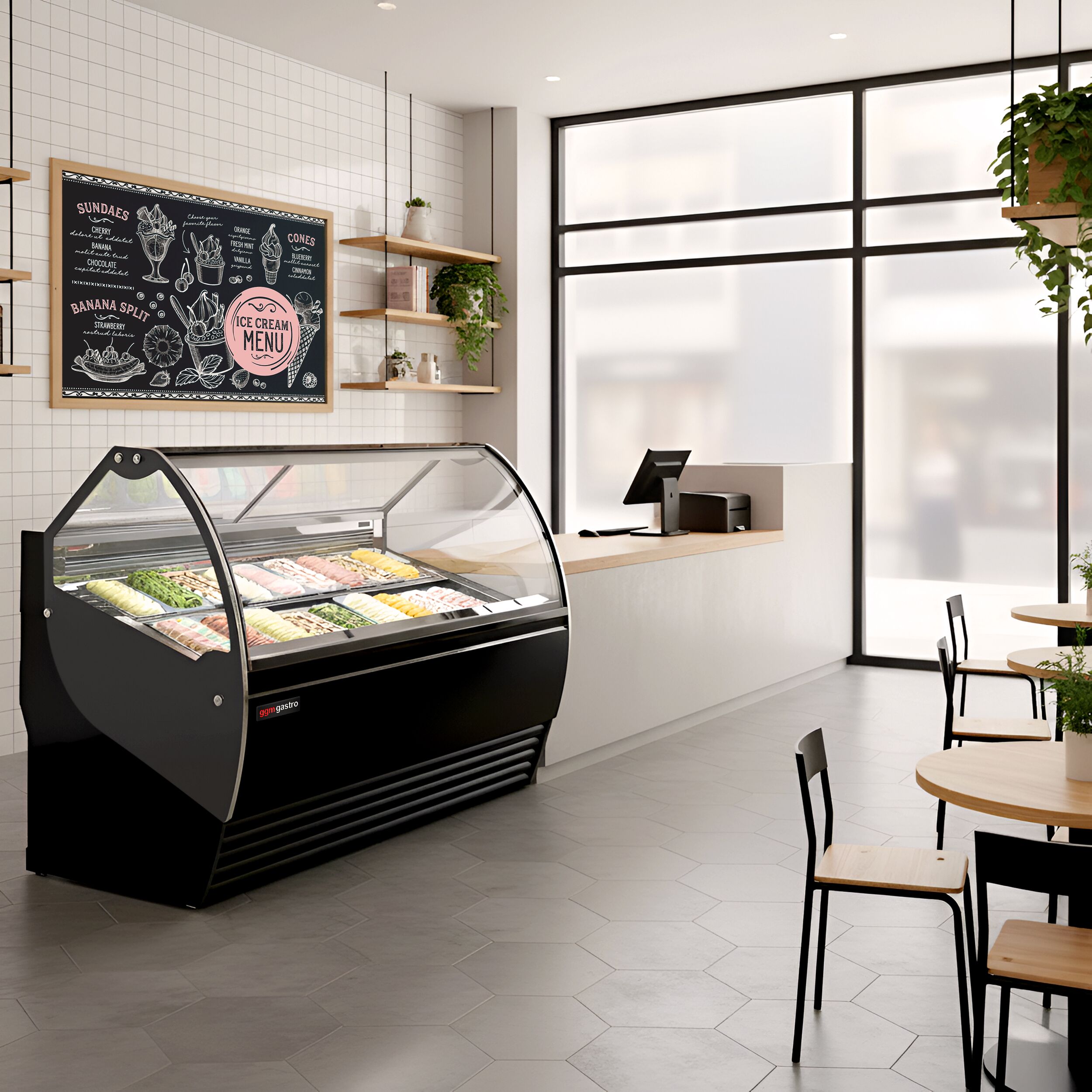 Vitrine à glace NOLAN – 1736 mm – refroidissement ventilé – pour 18 bacs à glace de 5 litres – Noir