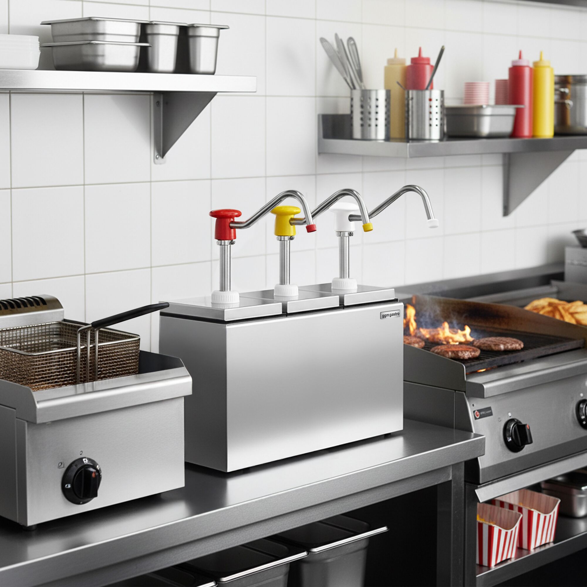 Distributeur de sauce - 3 pièces - 3x 2,5L - à poussoir - dosage réglable - bec anti-goutte - avec cuve - incl. support inox