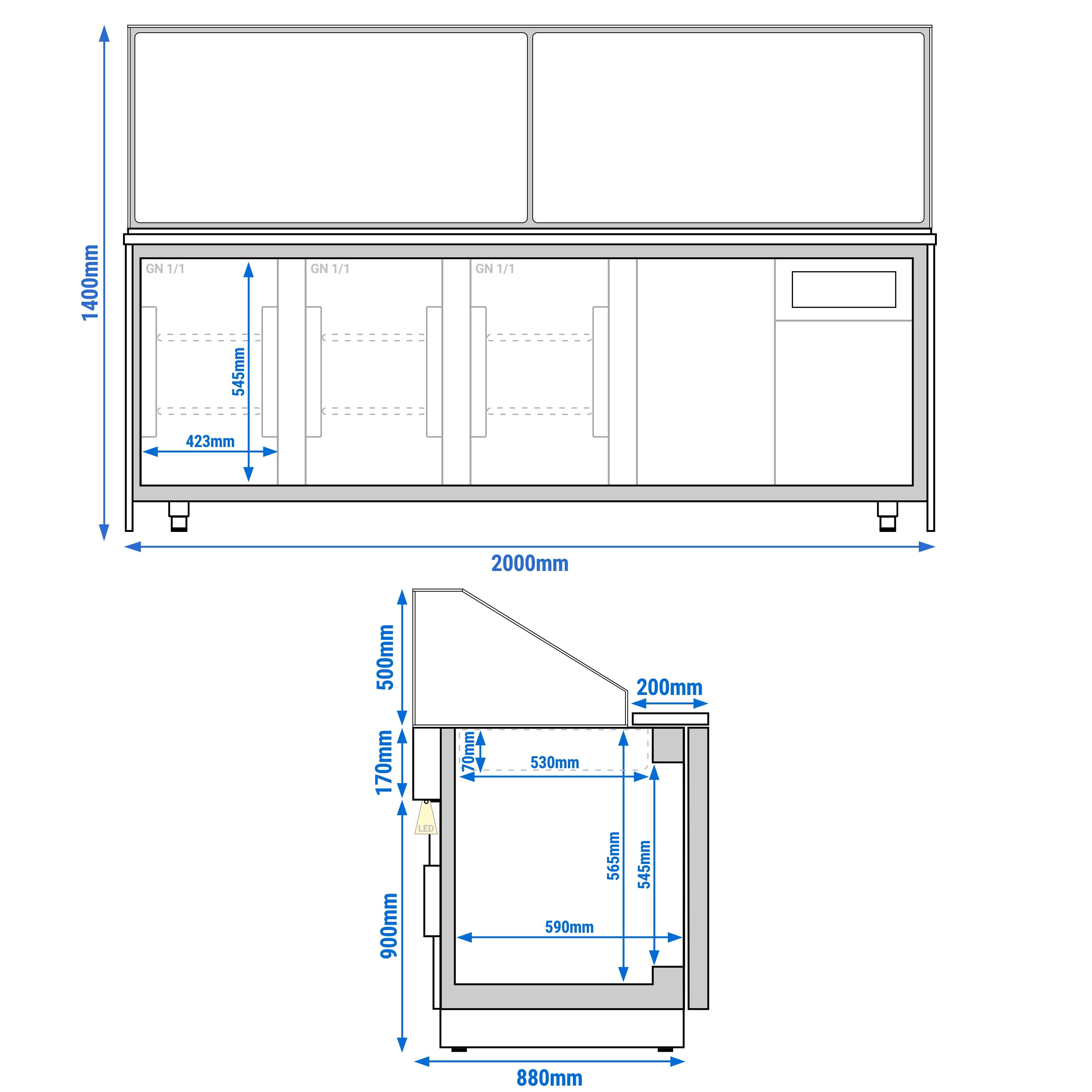 Saladette réfrigérée - 2550mm - façade décor bois naturel - 4 portes - avec vitrine de comptoir pour 6x GN 1/1 & 1 étagère - plan de travail en granit noir