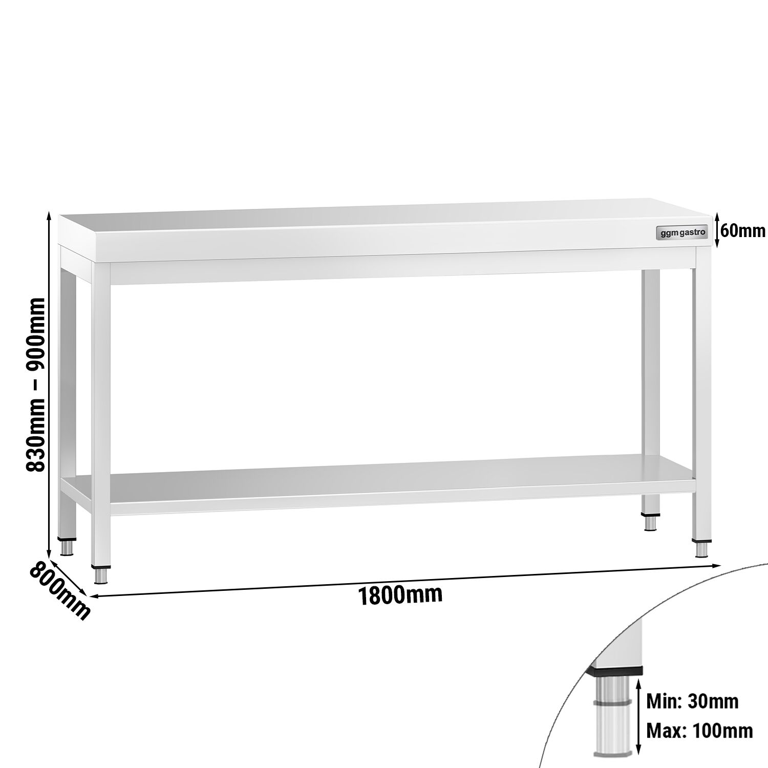 Table de travail inox PREMIUM - 1800 x 800 mm - avec tablette inférieure