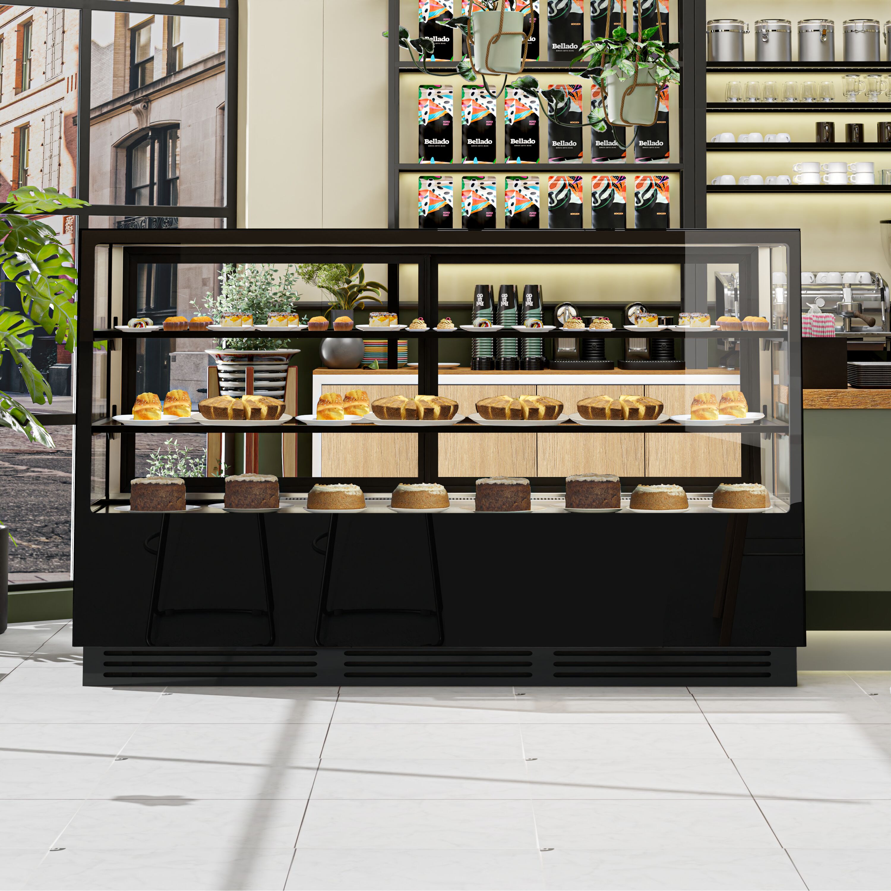 Vetrina pasticceria refrigerata - 782l - 2000mm - Doppio vetro - con 2 ripiani - LED interni; schienale a specchio; porte posteriori scorrevoli - Nero