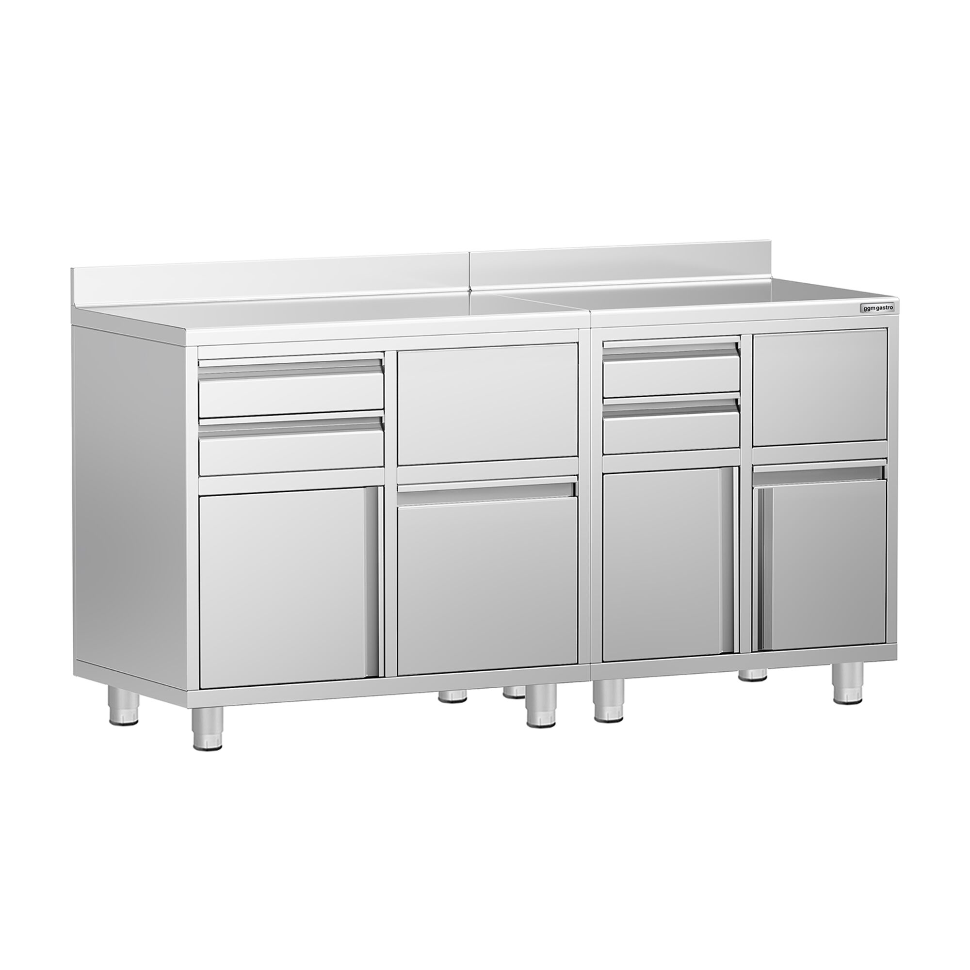 Armoire de travail PREMIUM pour machine à café filtre - 1400x600mm - avec dosseret - 4 tiroirs, 2 portes battantes, 2 tiroirs à marc de café
