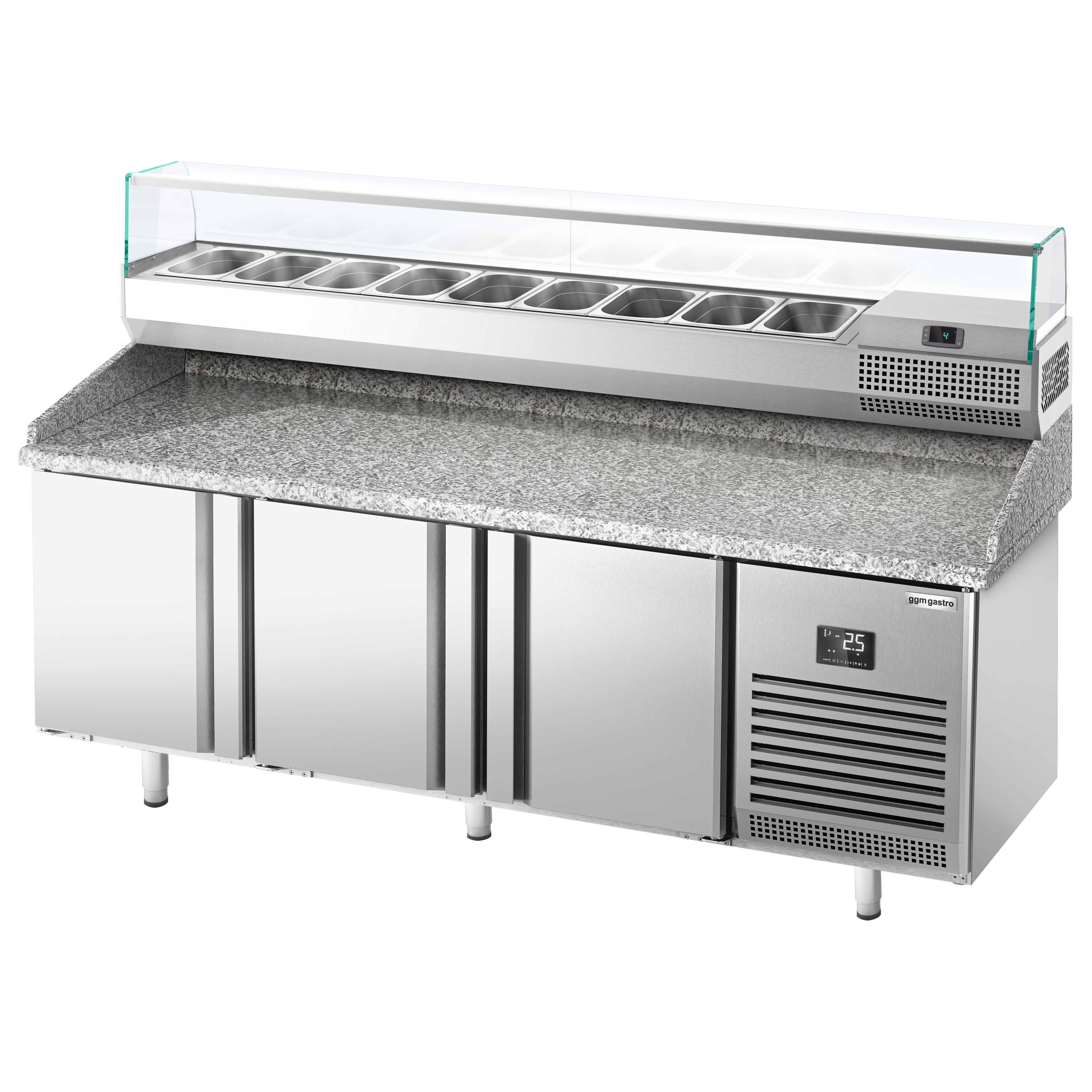 Table réfrigérée à pizza Premium PLUS - 1980 x 700 mm - avec 3 portes - incl. vitrine réfrigérée de présentation - 9x GN 1/4
